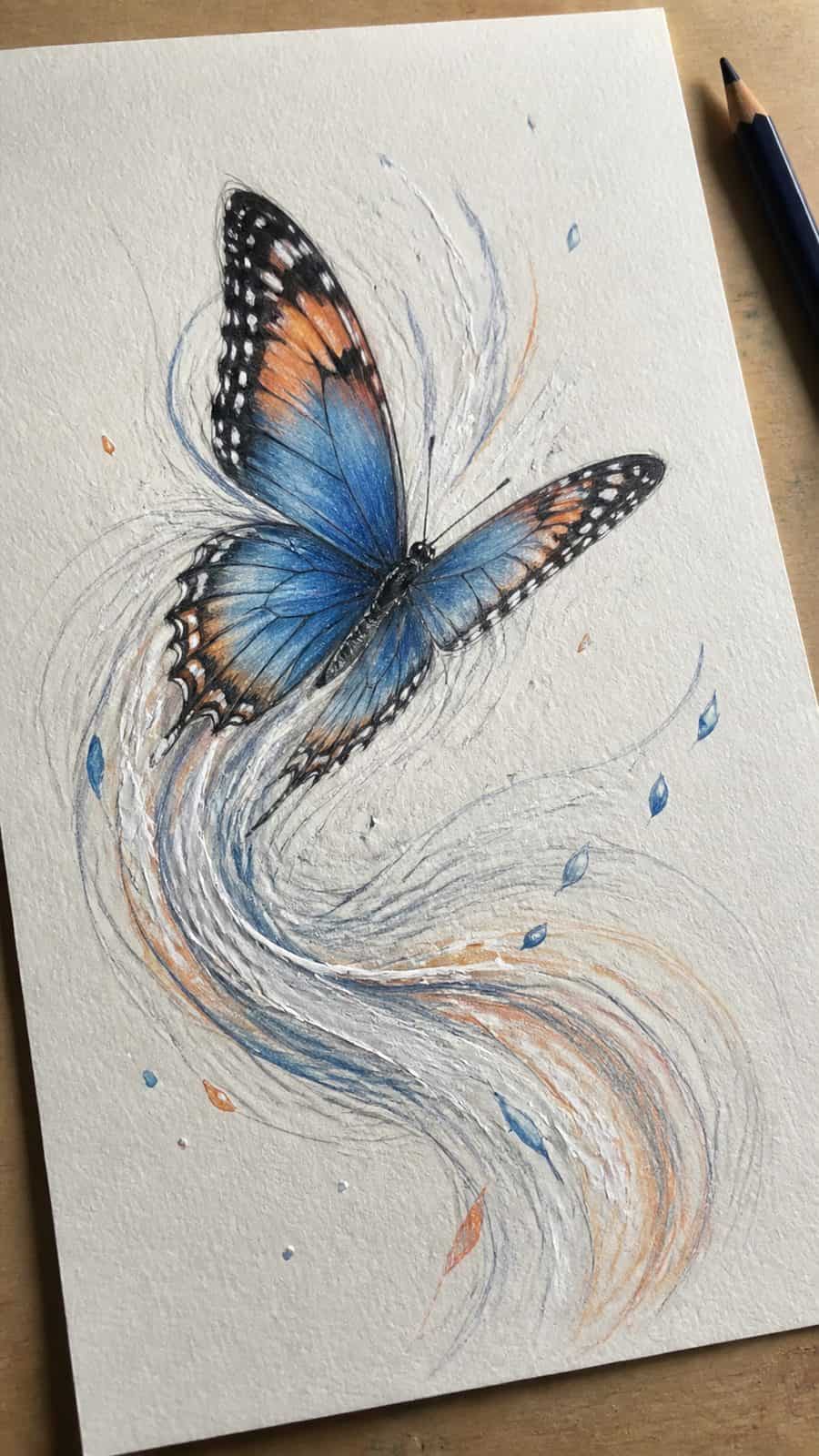 Bored of the Usual? Discover 16 Fresh Butterfly Drawing Concepts 36 Hand-drawn butterfly in motion in colored-pencil and gouache drawing on textured paper, shown in a slightly off-center overhead — study 1