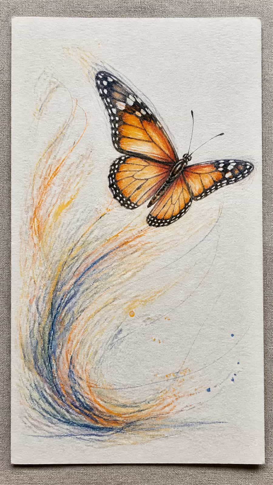 Bored of the Usual? Discover 16 Fresh Butterfly Drawing Concepts 37 Hand-drawn butterfly in motion in colored-pencil and gouache drawing on textured paper, shown in a straight overhead view — study 2