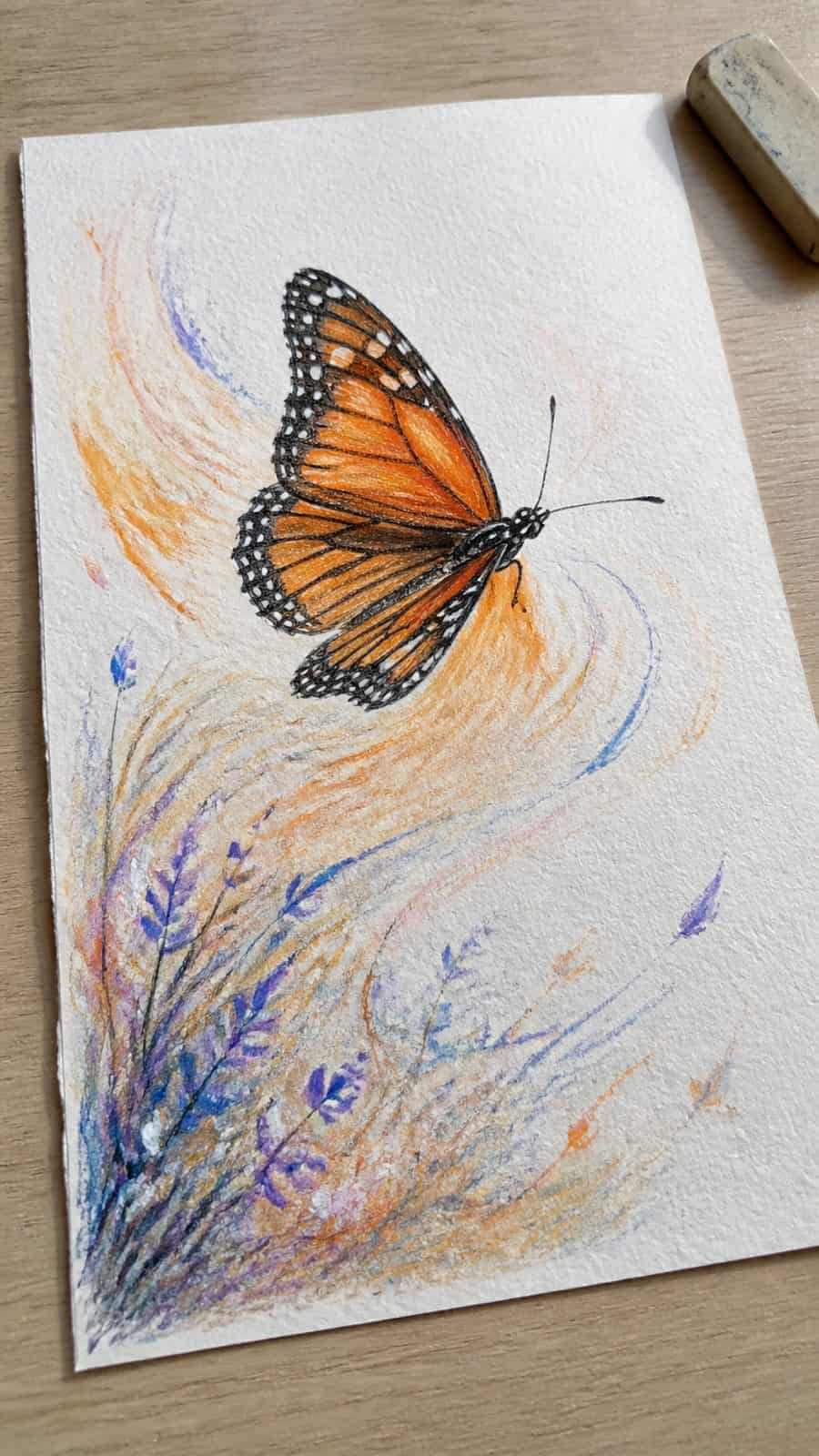 Bored of the Usual? Discover 16 Fresh Butterfly Drawing Concepts 38 Hand-drawn butterfly in motion in colored-pencil and gouache drawing on textured paper, shown in a gentle oblique desk view that shows — study 3