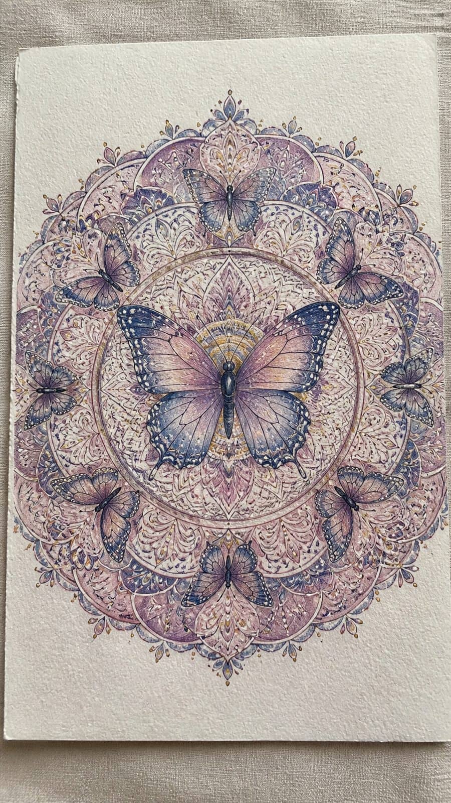 Bored of the Usual? Discover 16 Fresh Butterfly Drawing Concepts 39 Hand-drawn butterfly mandala in colored-pencil and gouache drawing on textured paper, shown in a close overhead crop — study 1