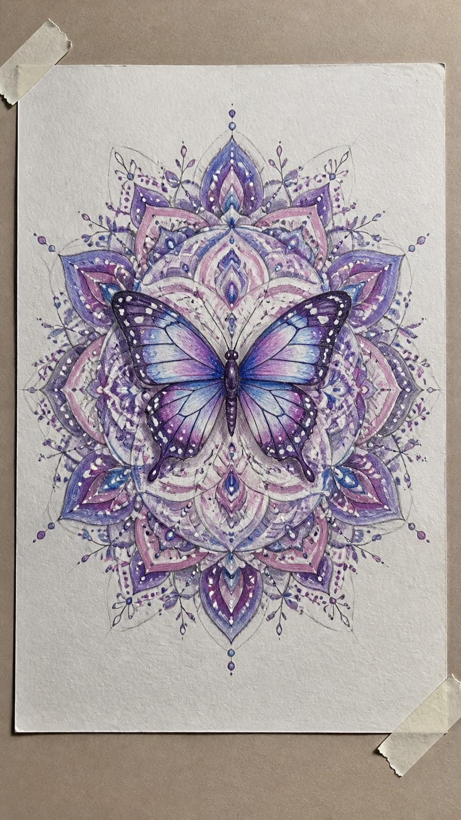 Bored of the Usual? Discover 16 Fresh Butterfly Drawing Concepts 41 Hand-drawn butterfly mandala in colored-pencil and gouache drawing on textured paper, shown in a straight overhead view — study 3
