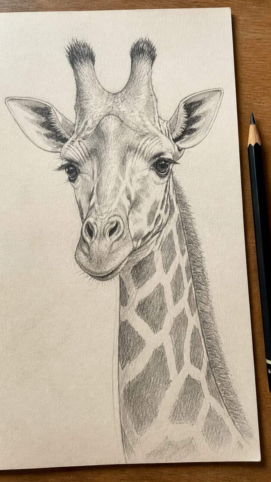 The 19 Animal Drawing Ideas Every Aspiring Artist Should Try 2 Hand-drawn graceful giraffe portrait in graphite drawing on textured paper, shown in a close overhead crop — study 1