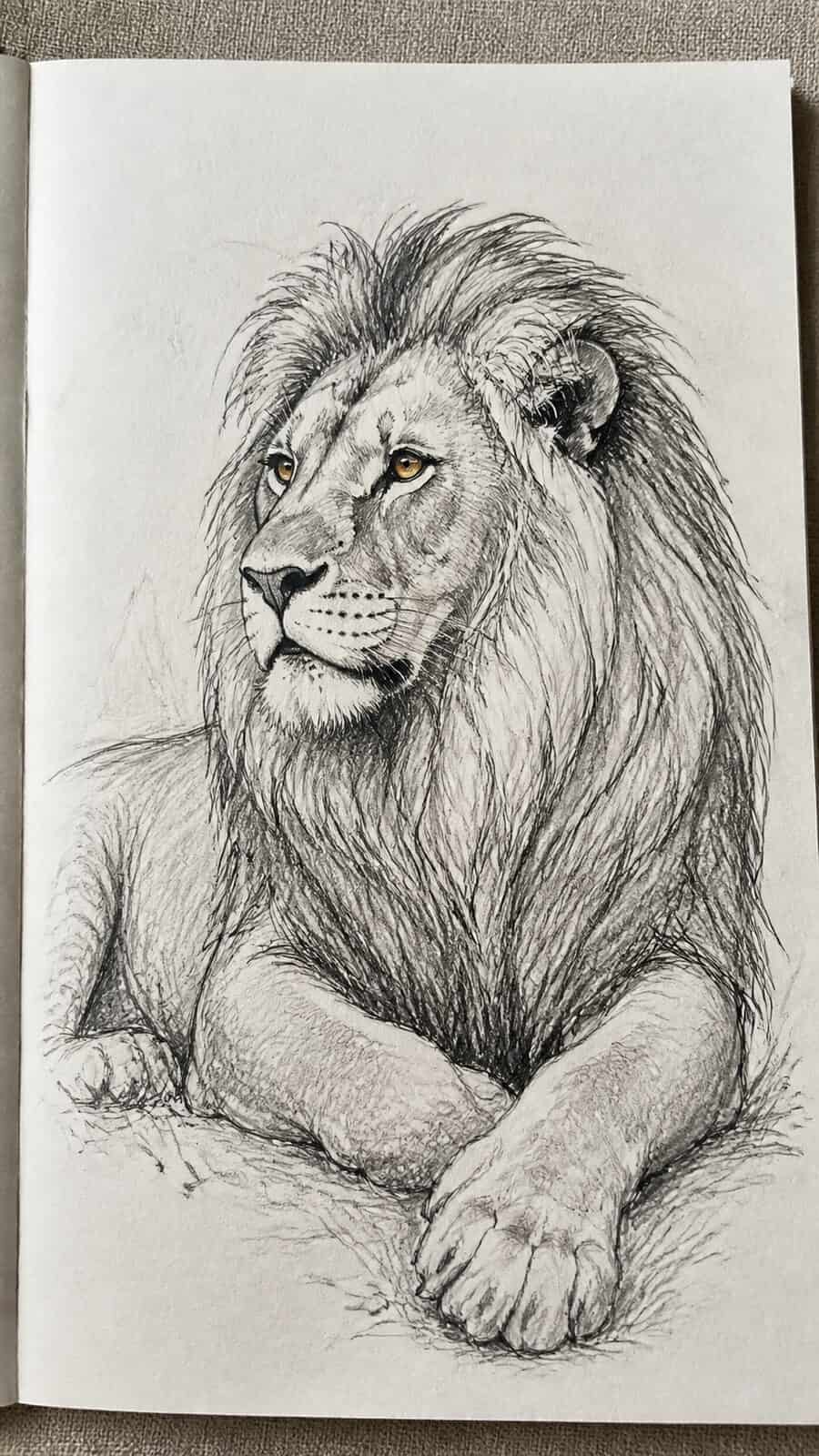 The 19 Animal Drawing Ideas Every Aspiring Artist Should Try 4 Hand-drawn noble lion in repose in mixed-media hand drawing on textured paper, shown in a close overhead crop — study 1