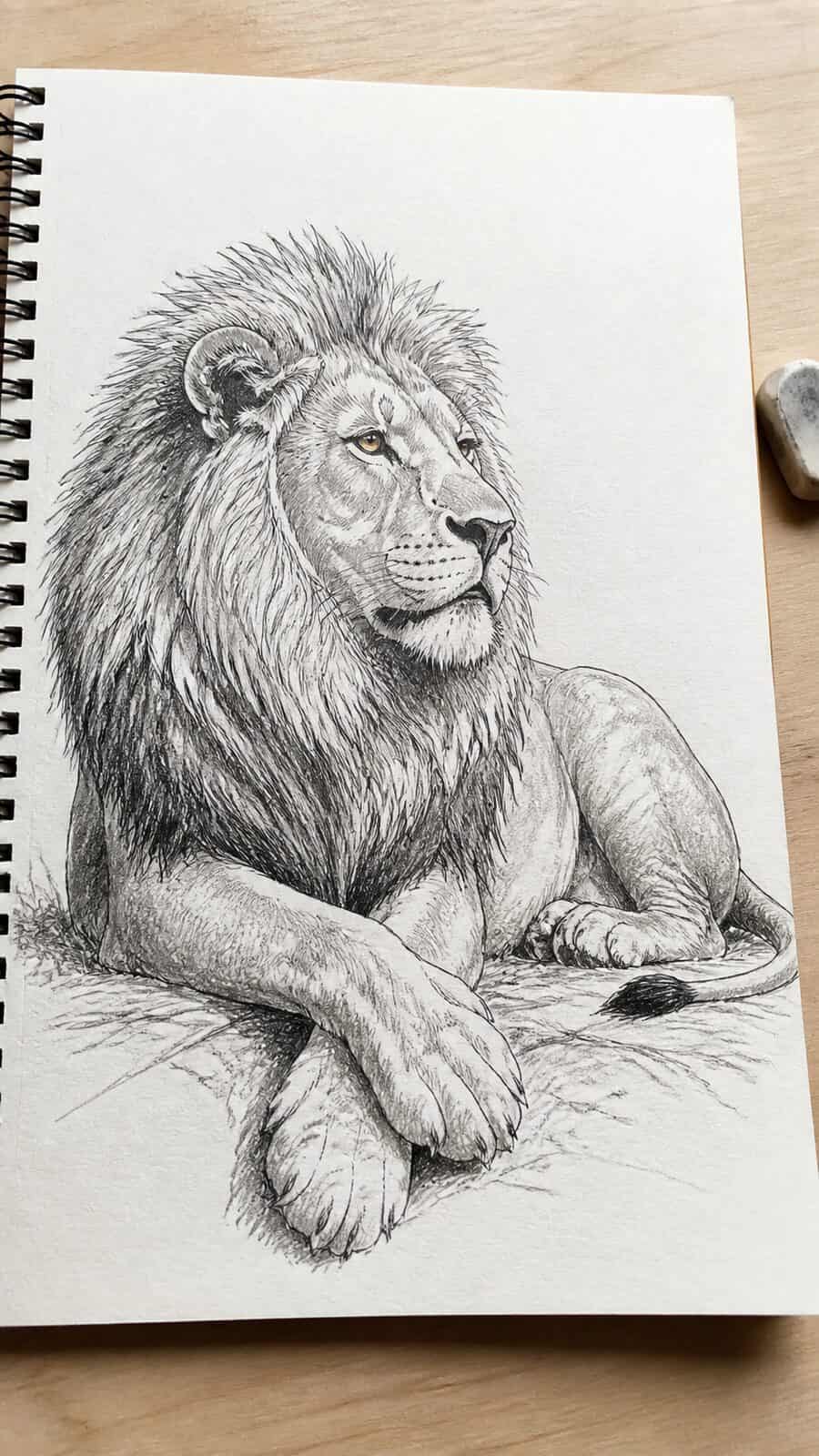 The 19 Animal Drawing Ideas Every Aspiring Artist Should Try 5 Hand-drawn noble lion in repose in mixed-media hand drawing on textured paper, shown in a slightly off-center overhead composition — study 2