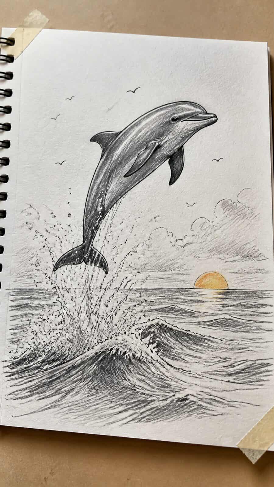 The 19 Animal Drawing Ideas Every Aspiring Artist Should Try 6 Hand-drawn playful dolphin leap in mixed-media hand drawing on textured paper, shown in a gentle oblique desk view that shows paper — study 1