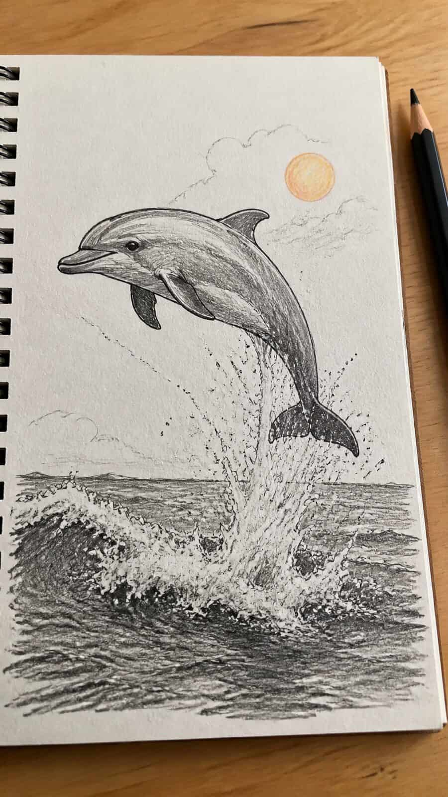 The 19 Animal Drawing Ideas Every Aspiring Artist Should Try 7 Hand-drawn playful dolphin leap in mixed-media hand drawing on textured paper, shown in a close overhead crop — study 2