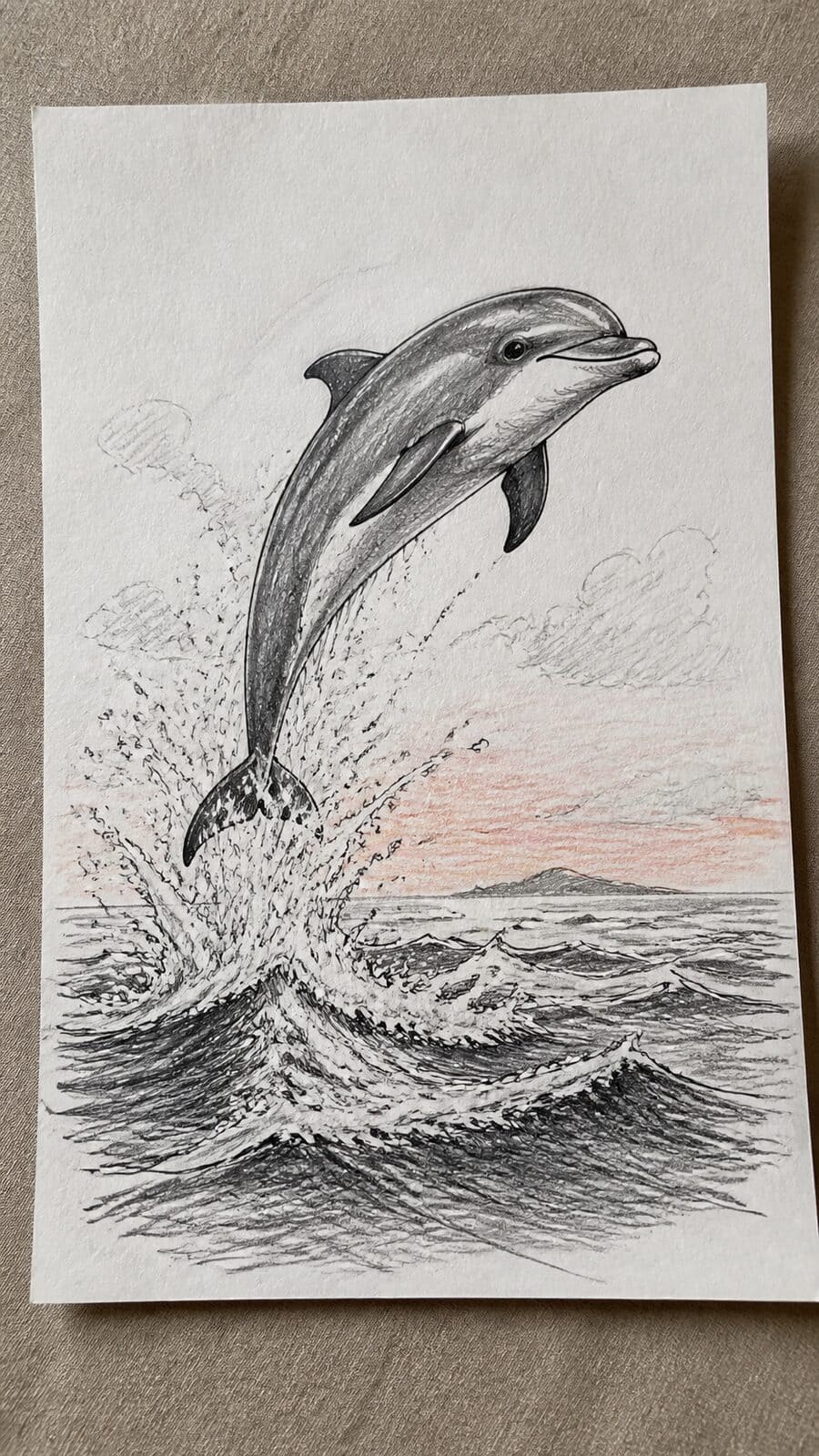 The 19 Animal Drawing Ideas Every Aspiring Artist Should Try 8 Hand-drawn playful dolphin leap in mixed-media hand drawing on textured paper, shown in a slightly off-center overhead composition — study 3