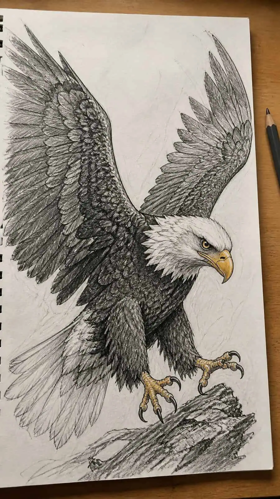 The 19 Animal Drawing Ideas Every Aspiring Artist Should Try 12 Hand-drawn majestic bald eagle in mixed-media hand drawing on textured paper, shown in a close overhead crop — study 1