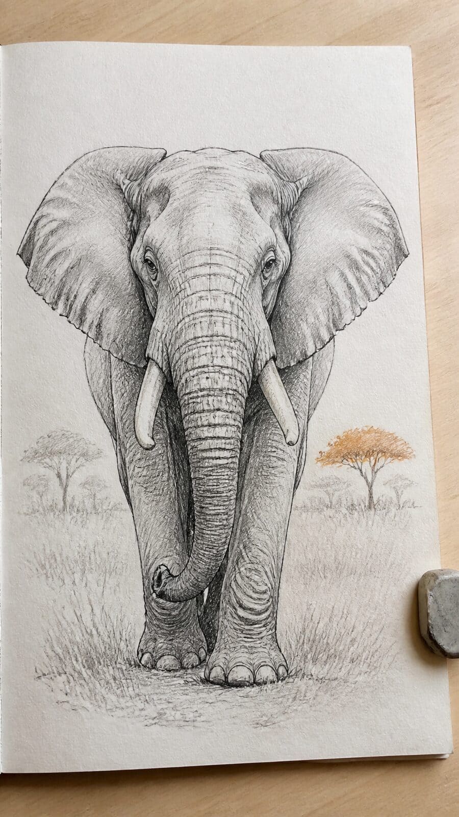 The 19 Animal Drawing Ideas Every Aspiring Artist Should Try 14 Hand-drawn gentle giant: elephant in mixed-media hand drawing on textured paper, shown in a close overhead crop — study 1