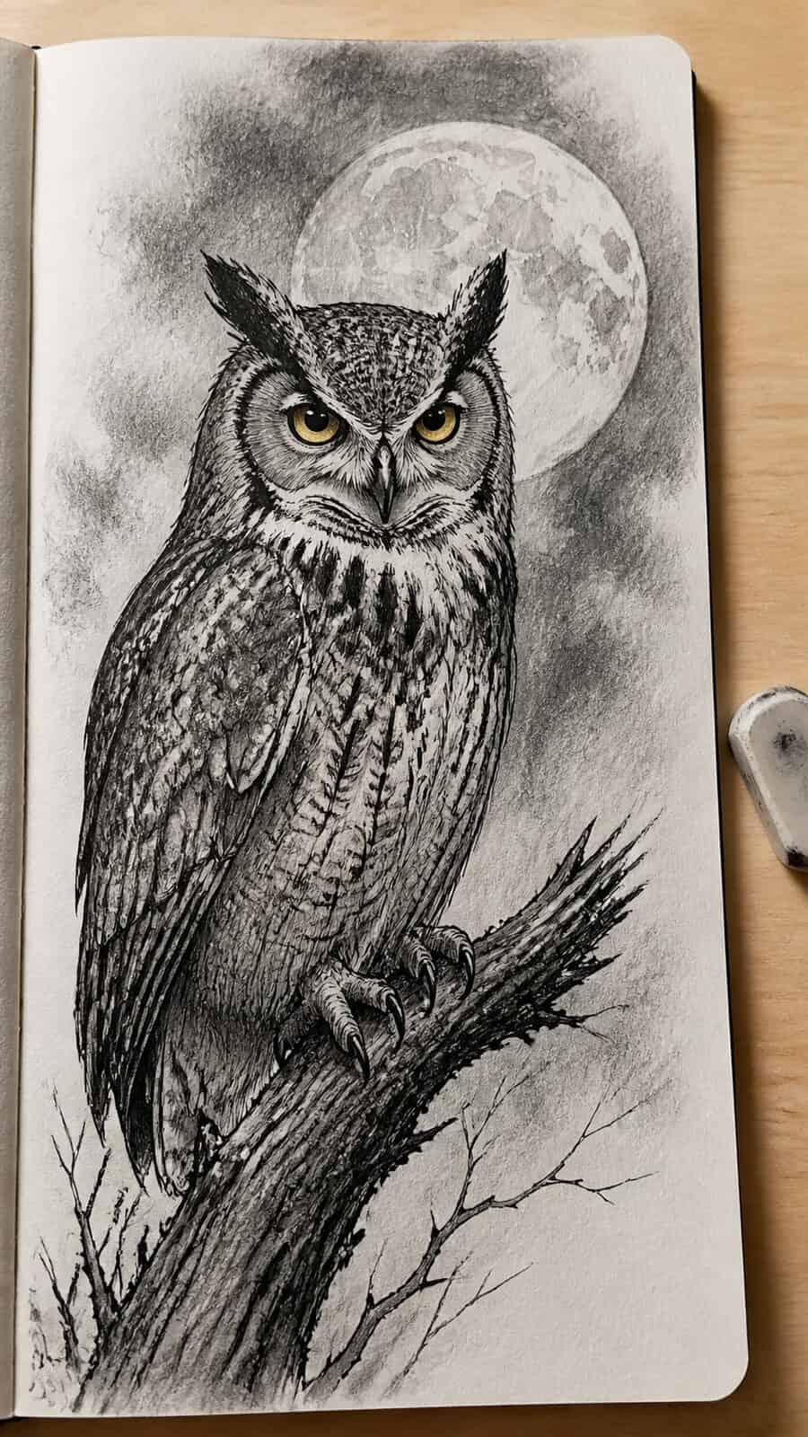 The 19 Animal Drawing Ideas Every Aspiring Artist Should Try 23 Hand-drawn mysterious owl perched in mixed-media hand drawing on textured paper, shown in a close overhead crop — study 2