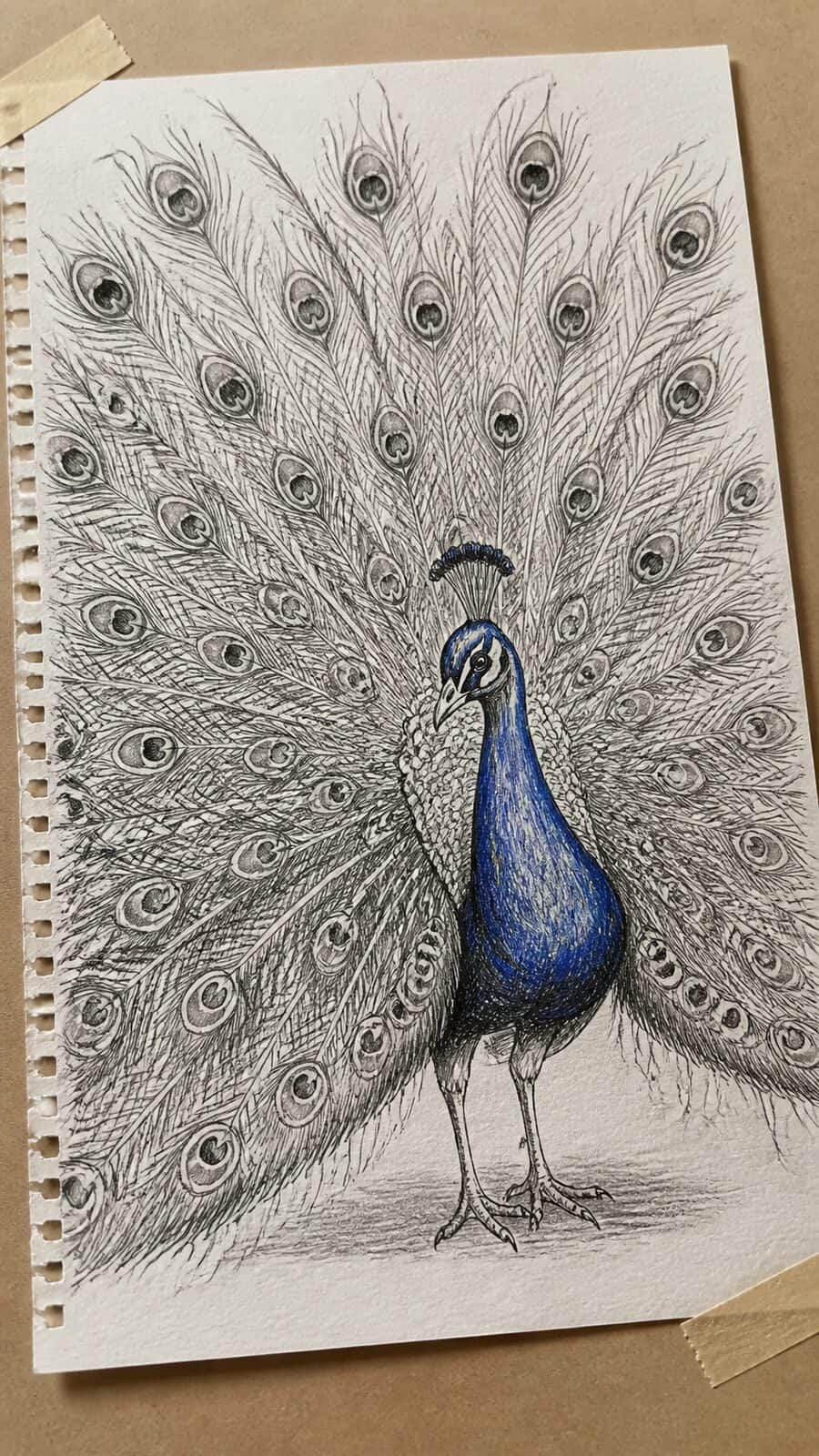 The 19 Animal Drawing Ideas Every Aspiring Artist Should Try 29 Hand-drawn regal peacock display in mixed-media hand drawing on textured paper, shown in a gentle oblique desk view that shows paper — study 2