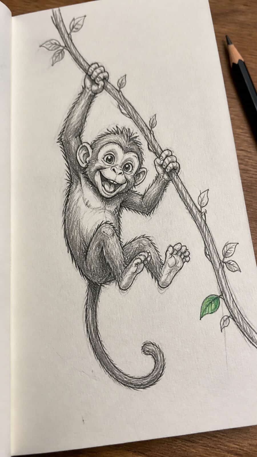 The 19 Animal Drawing Ideas Every Aspiring Artist Should Try 30 Hand-drawn mischievous monkey swinging in mixed-media hand drawing on textured paper, shown in a gentle oblique desk view that shows — study 1