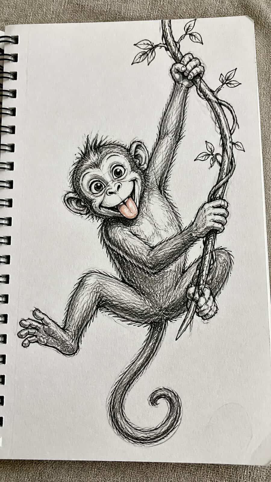 The 19 Animal Drawing Ideas Every Aspiring Artist Should Try 31 Hand-drawn mischievous monkey swinging in mixed-media hand drawing on textured paper, shown in a close overhead crop — study 2
