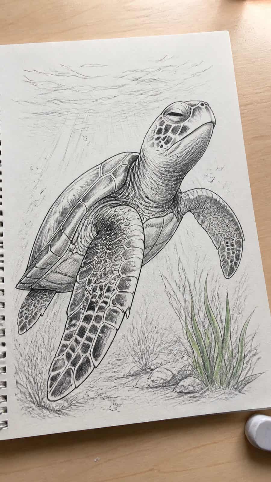 The 19 Animal Drawing Ideas Every Aspiring Artist Should Try 33 Hand-drawn serene sea turtle in mixed-media hand drawing on textured paper, shown in a close overhead crop — study 2