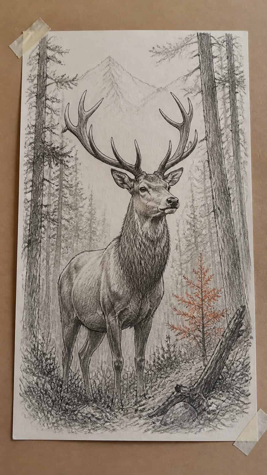 The 19 Animal Drawing Ideas Every Aspiring Artist Should Try 35 Hand-drawn majestic stag in forest in mixed-media hand drawing on textured paper, shown in a straight overhead view — study 1