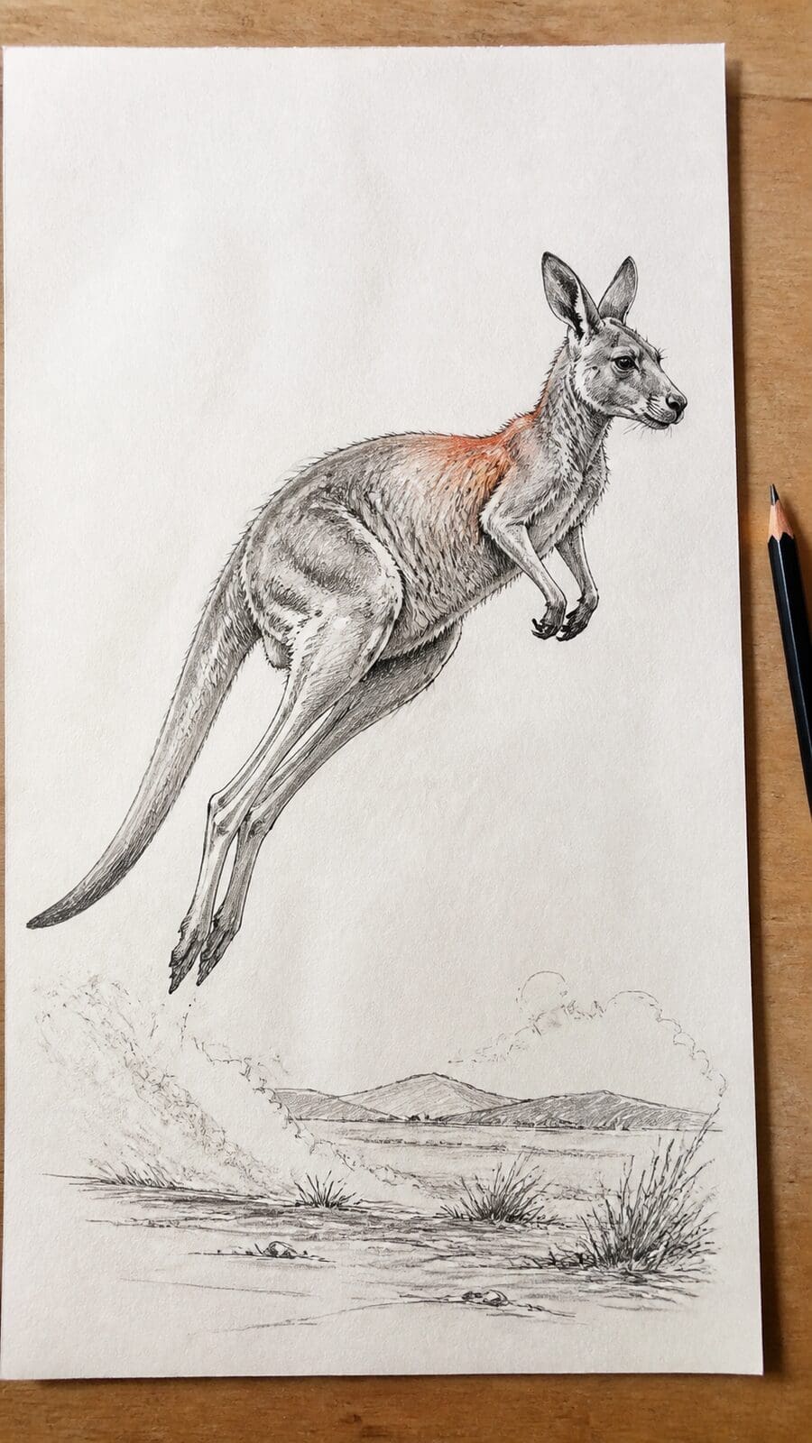 The 19 Animal Drawing Ideas Every Aspiring Artist Should Try 45 Hand-drawn leaping kangaroo in mixed-media hand drawing on textured paper, shown in a straight overhead view — study 3