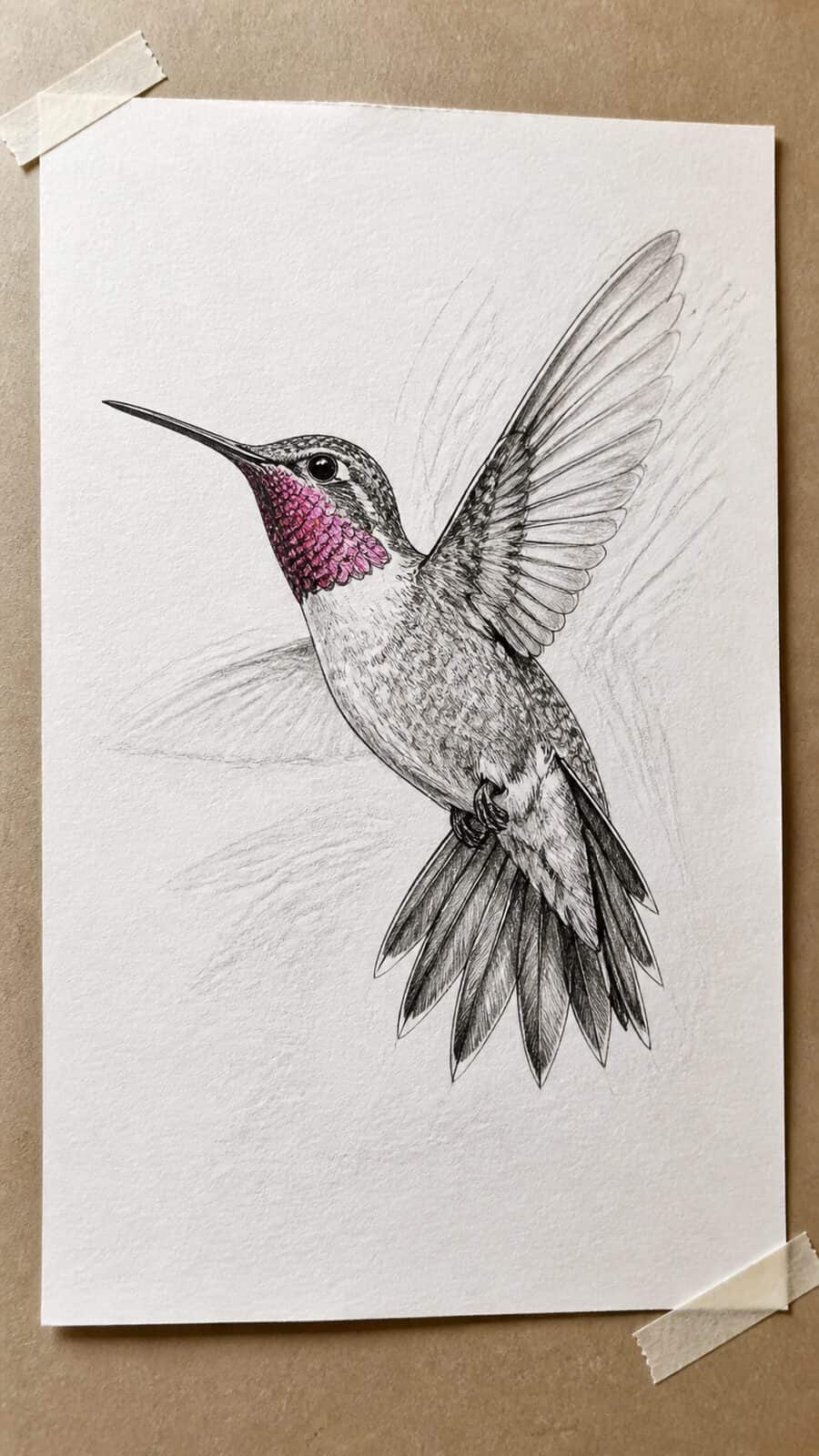 The 19 Animal Drawing Ideas Every Aspiring Artist Should Try 46 Hand-drawn enchanting hummingbird in flight in mixed-media hand drawing on textured paper, shown in a straight overhead view — study 1