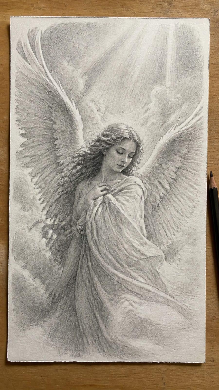 Heavenly Art: 17 God-Inspired Sketch Ideas to Awaken Your Creativity 2 Hand-drawn angelic visions in graphite drawing on textured paper, shown in a straight overhead view — study 1