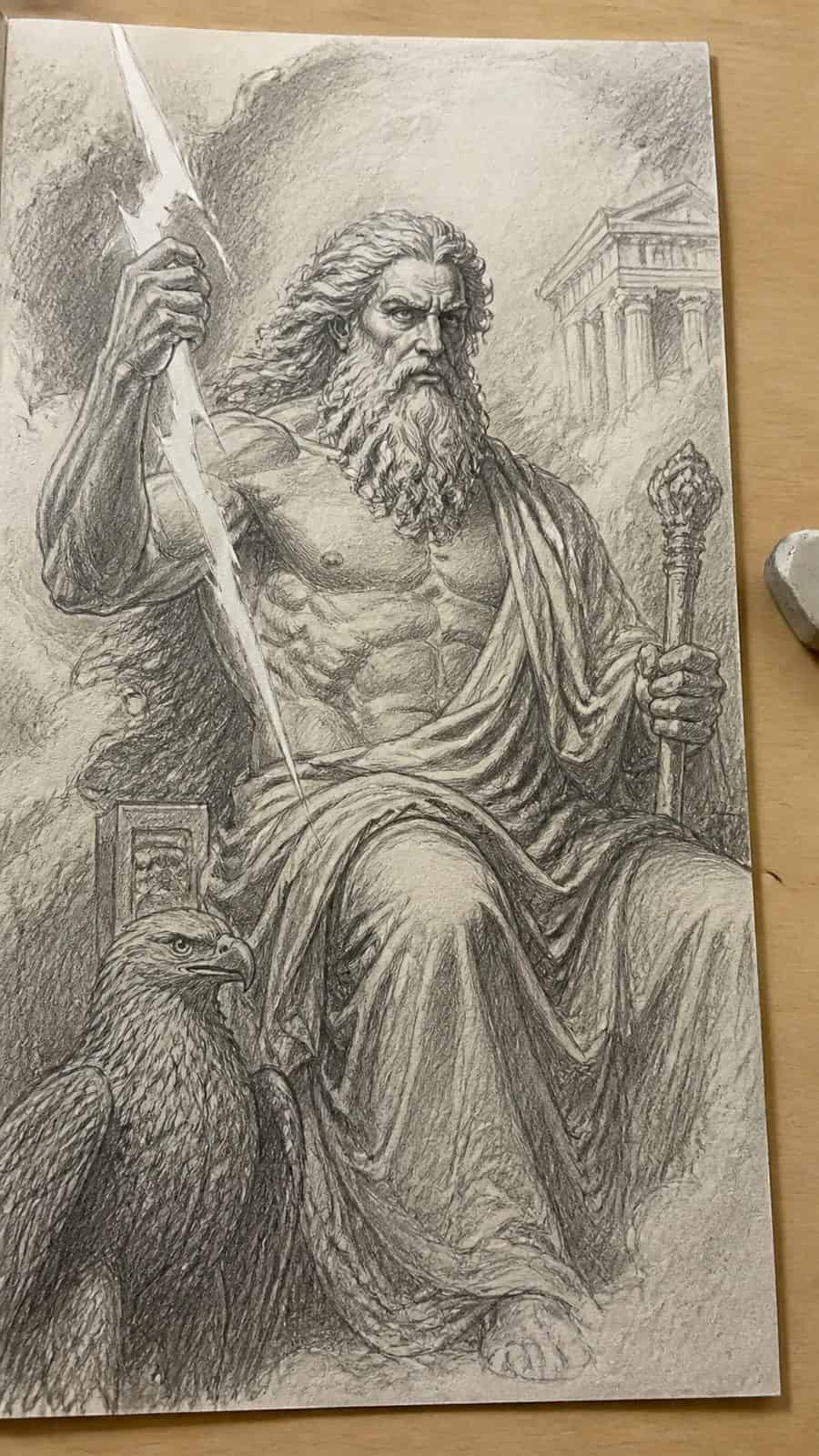 Heavenly Art: 17 God-Inspired Sketch Ideas to Awaken Your Creativity 11 Hand-drawn mythical gods in graphite drawing on textured paper, shown in a close overhead crop — study 2