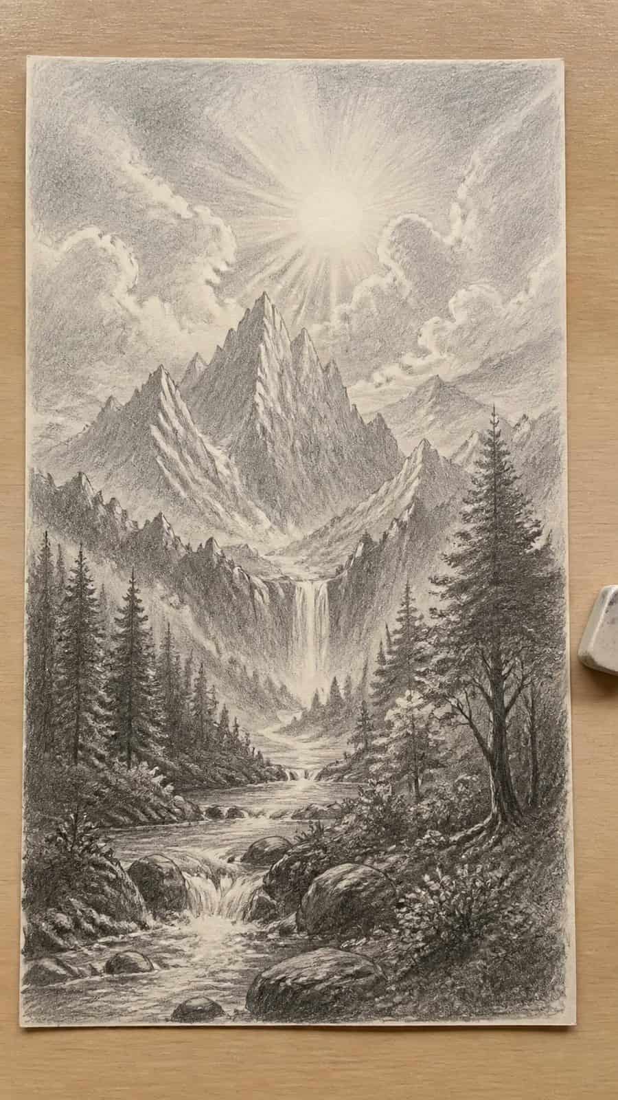 Heavenly Art: 17 God-Inspired Sketch Ideas to Awaken Your Creativity 22 Hand-drawn divine nature in graphite drawing on textured paper, shown in a straight overhead view — study 2