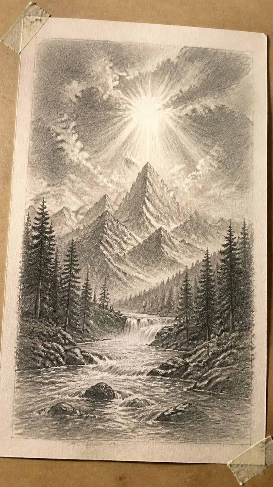 Heavenly Art: 17 God-Inspired Sketch Ideas to Awaken Your Creativity 23 Hand-drawn divine nature in graphite drawing on textured paper, shown in a gentle oblique desk view that shows paper tooth and shallow — study 3
