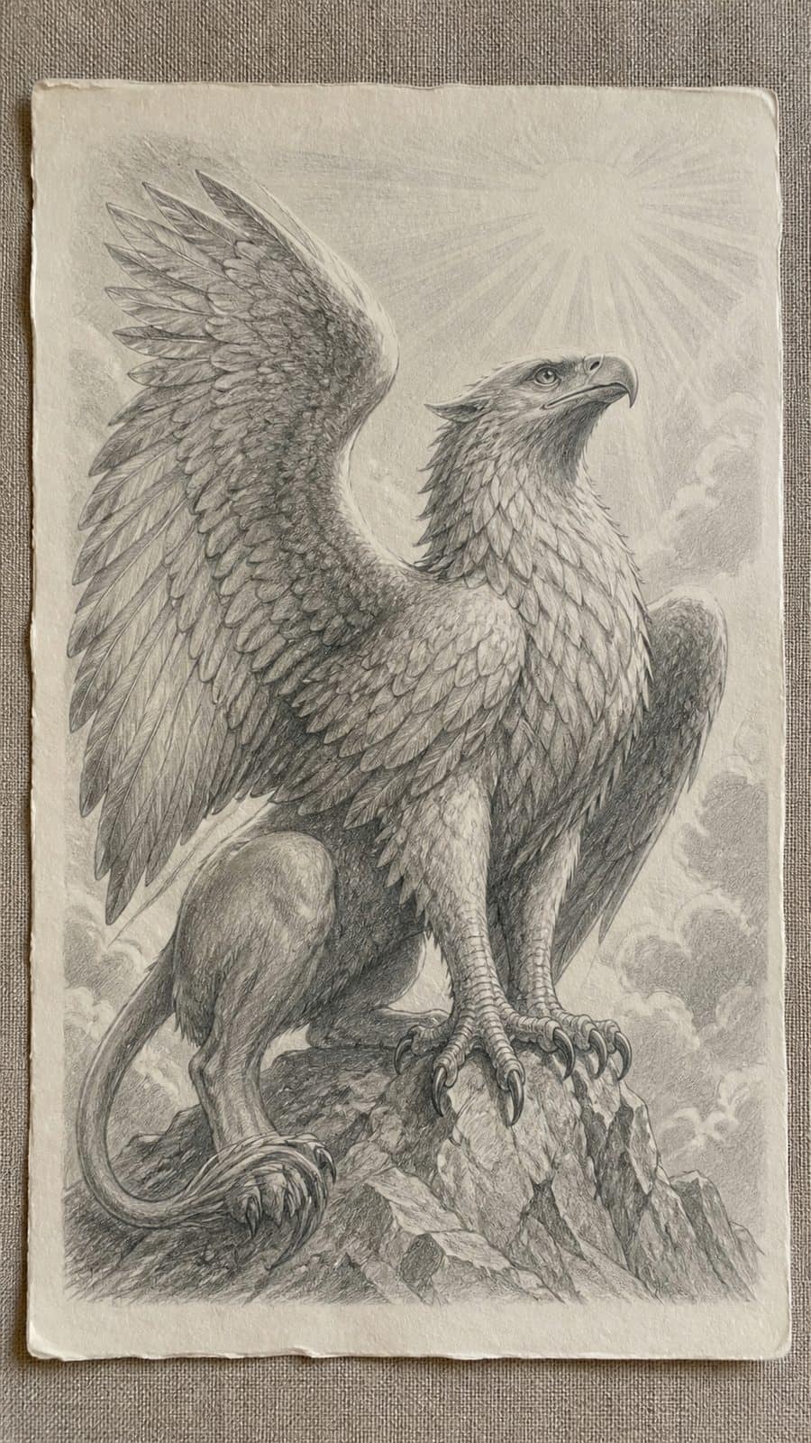 Heavenly Art: 17 God-Inspired Sketch Ideas to Awaken Your Creativity 24 Hand-drawn heavenly beasts in graphite drawing on textured paper, shown in a straight overhead view — study 1