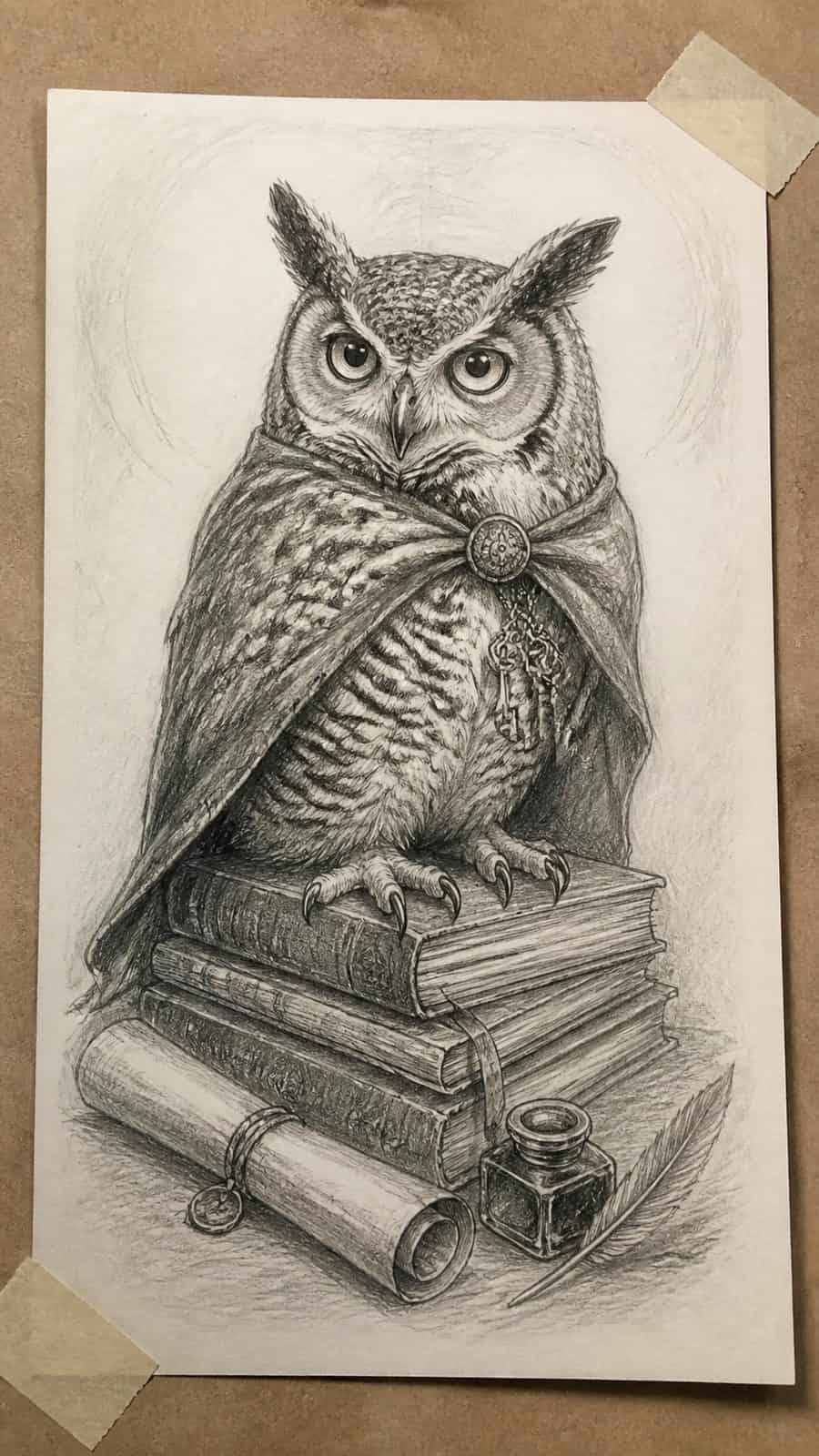 Heavenly Art: 17 God-Inspired Sketch Ideas to Awaken Your Creativity 29 Hand-drawn eternal wisdom in graphite drawing on textured paper, shown in a slightly off-center overhead composition, like an artist — study 1