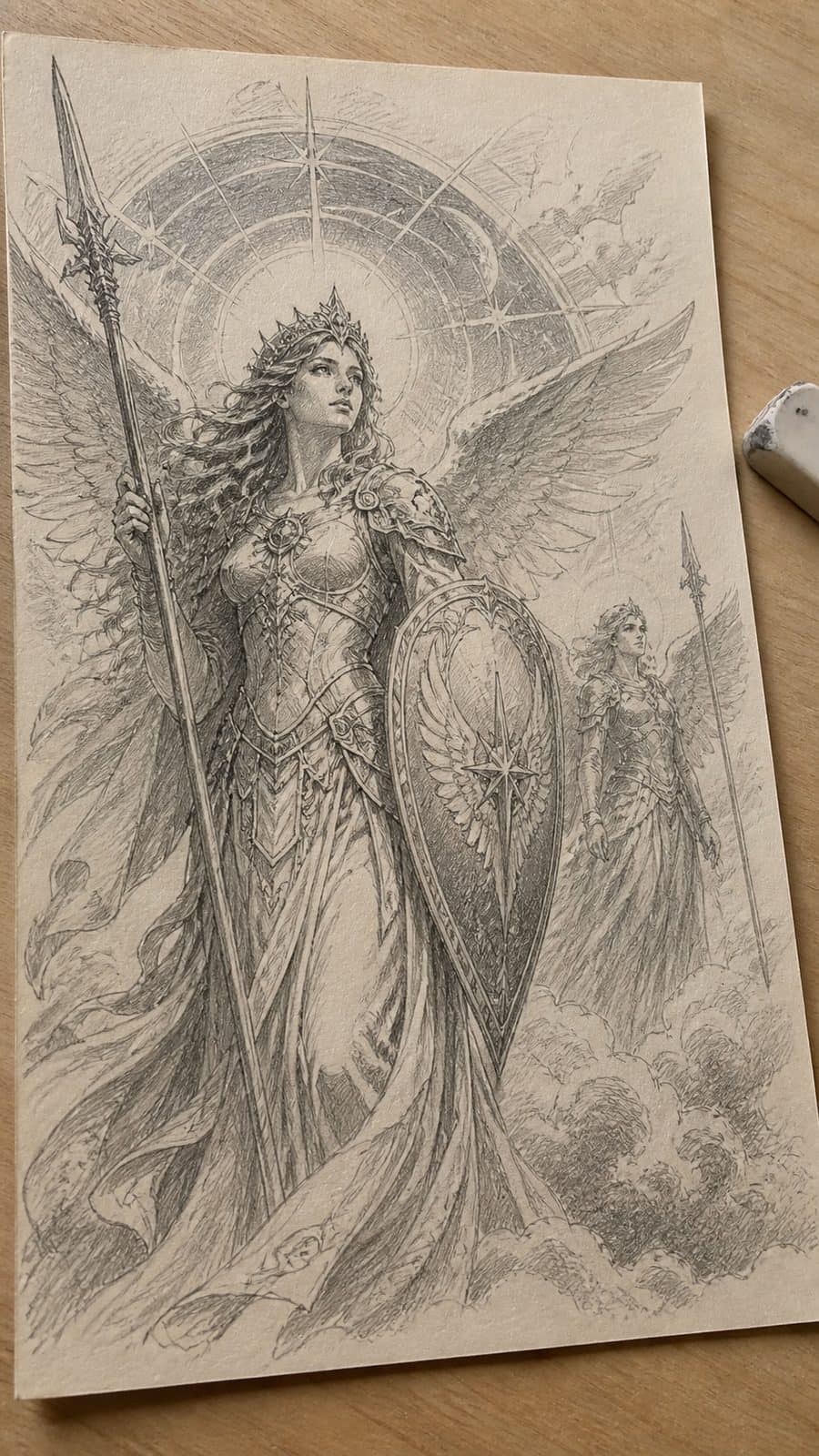 Heavenly Art: 17 God-Inspired Sketch Ideas to Awaken Your Creativity 31 Hand-drawn celestial guardians in graphite drawing on textured paper, shown in a gentle oblique desk view that shows paper tooth and — study 1