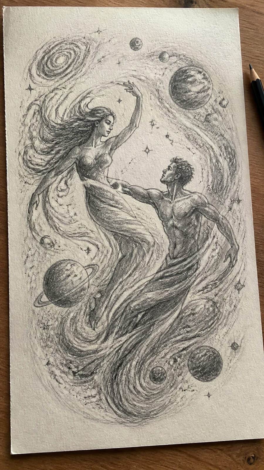Heavenly Art: 17 God-Inspired Sketch Ideas to Awaken Your Creativity 37 Hand-drawn the cosmic dance in graphite drawing on textured paper, shown in a close overhead crop — study 1