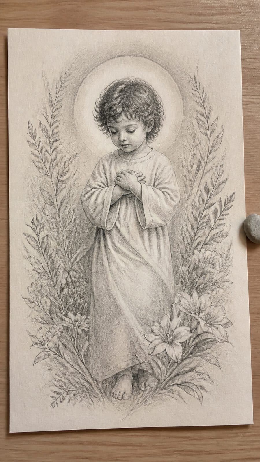 Heavenly Art: 17 God-Inspired Sketch Ideas to Awaken Your Creativity 42 Hand-drawn the divine child in graphite drawing on textured paper, shown in a slightly off-center overhead composition, like an artist — study 1