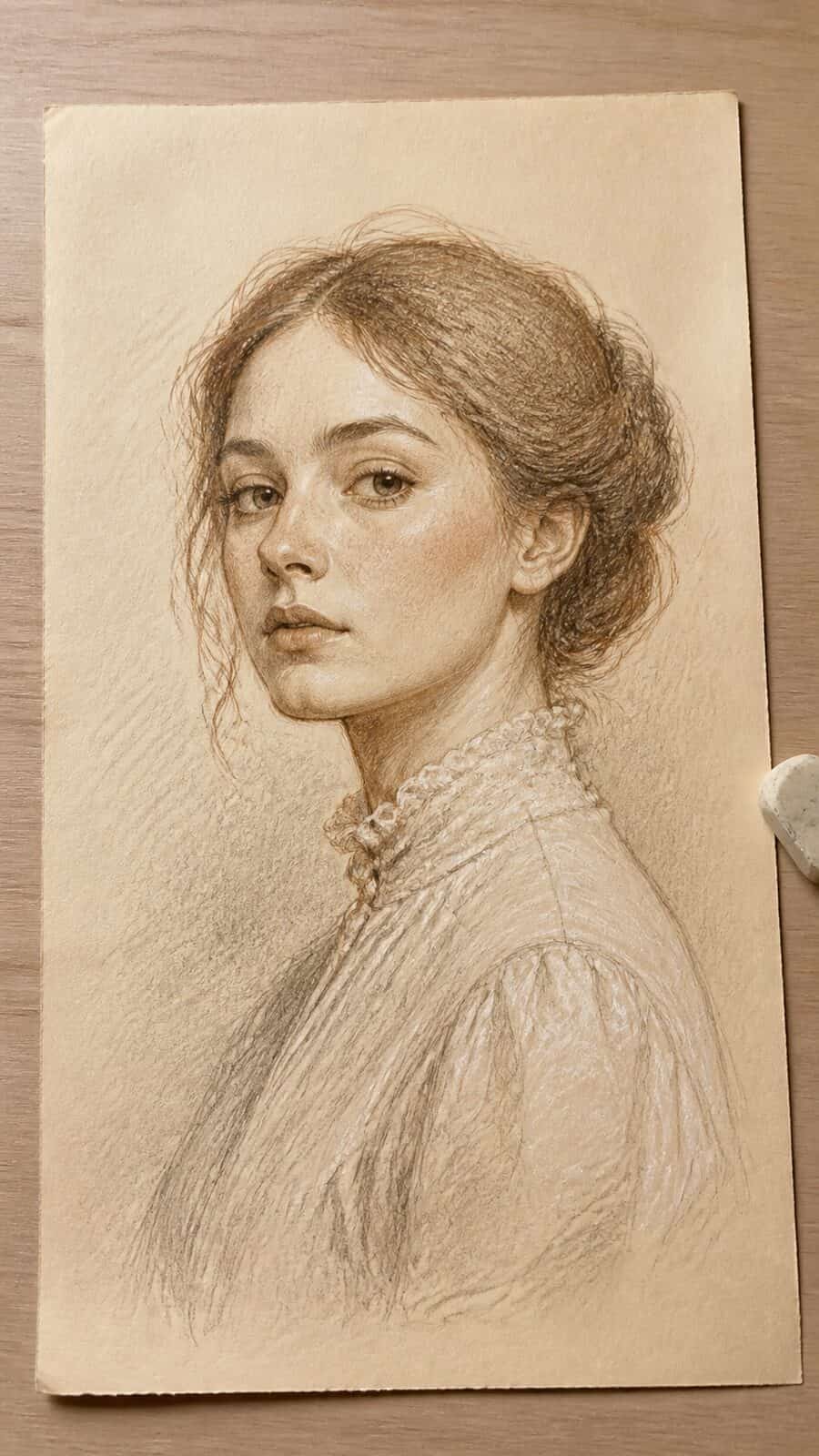 16 Vintage Drawing Ideas That Have Stood the Test of Time 3 Hand-drawn the classic portrait in sepia ink drawing on textured paper, shown in a straight overhead view — study 2