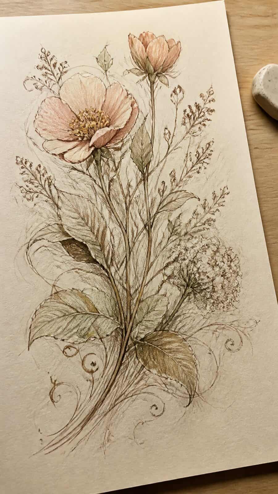 16 Vintage Drawing Ideas That Have Stood the Test of Time 4 Hand-drawn whimsical botanical sketches in sepia ink drawing on textured paper, shown in a gentle oblique desk view that shows paper — study 1