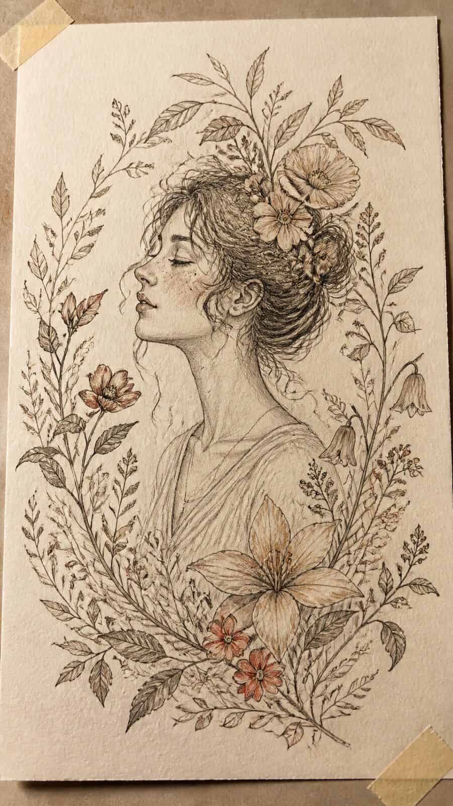 16 Vintage Drawing Ideas That Have Stood the Test of Time 5 Hand-drawn whimsical botanical sketches in sepia ink drawing on textured paper, shown in a close overhead crop — study 2