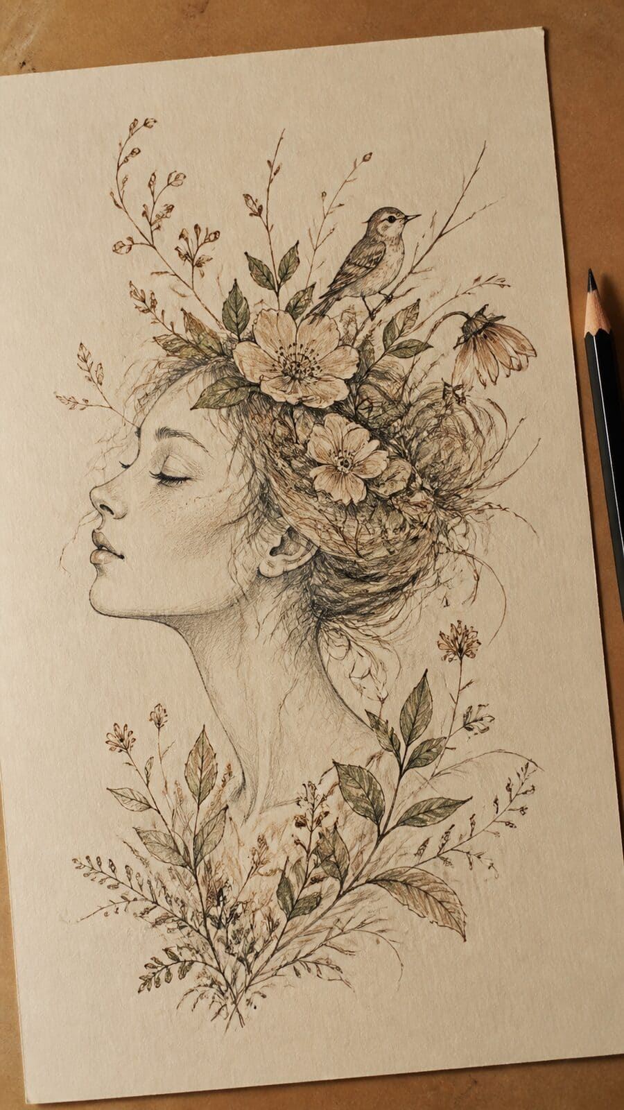 16 Vintage Drawing Ideas That Have Stood the Test of Time 6 Hand-drawn whimsical botanical sketches in sepia ink drawing on textured paper, shown in a slightly off-center overhead composition — study 3