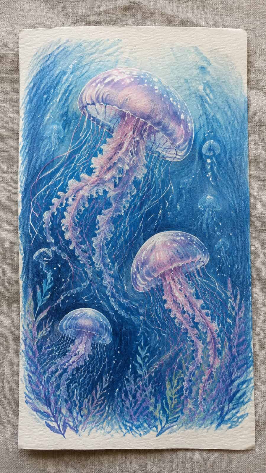 Hand-drawn mystical jellyfish ballet in colored-pencil and gouache drawing on textured paper, shown in a slightly off-center overhead — study 1