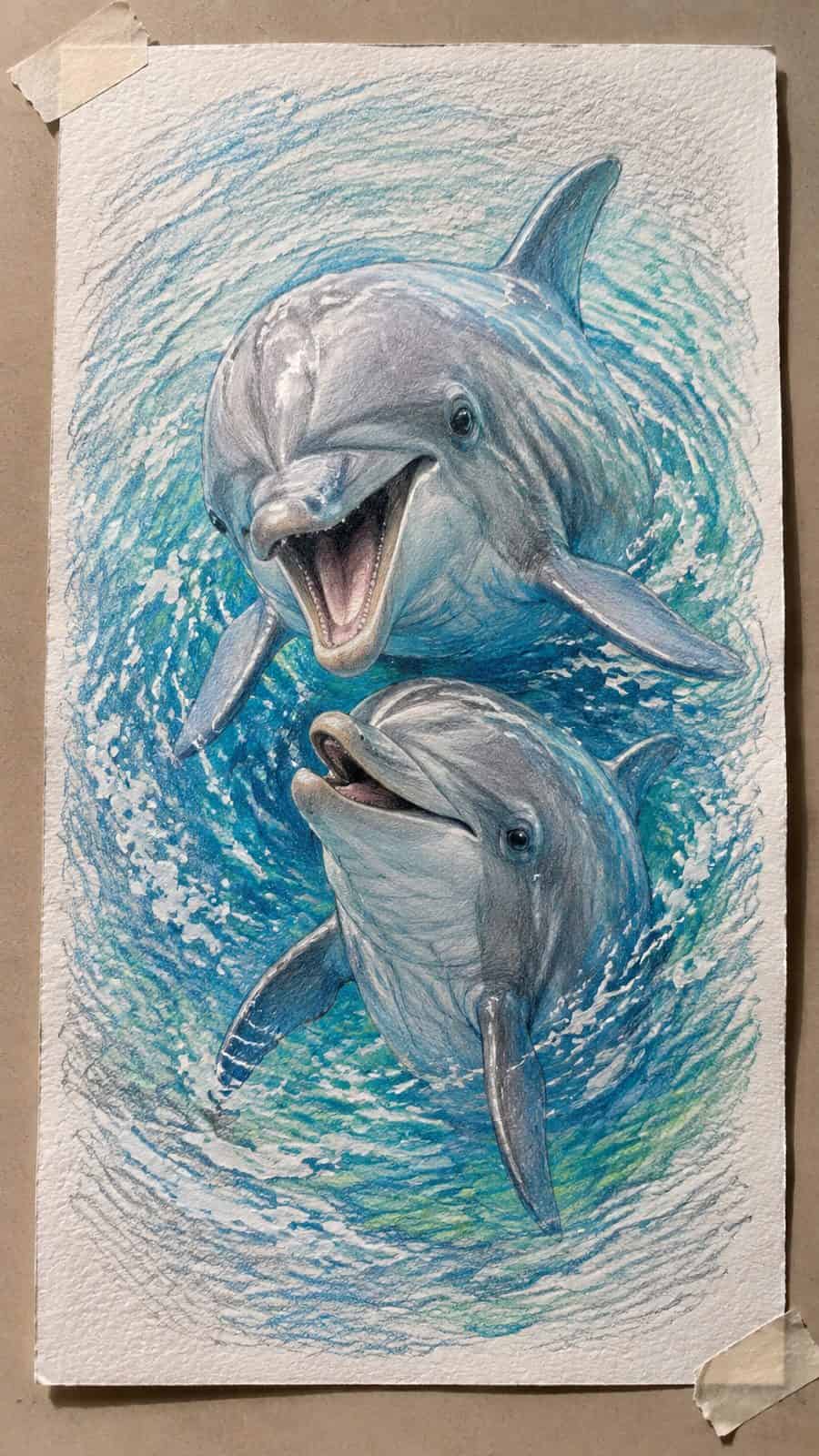 Hand-drawn playful dolphin duo in colored-pencil and gouache drawing on textured paper, shown in a close overhead crop — study 1