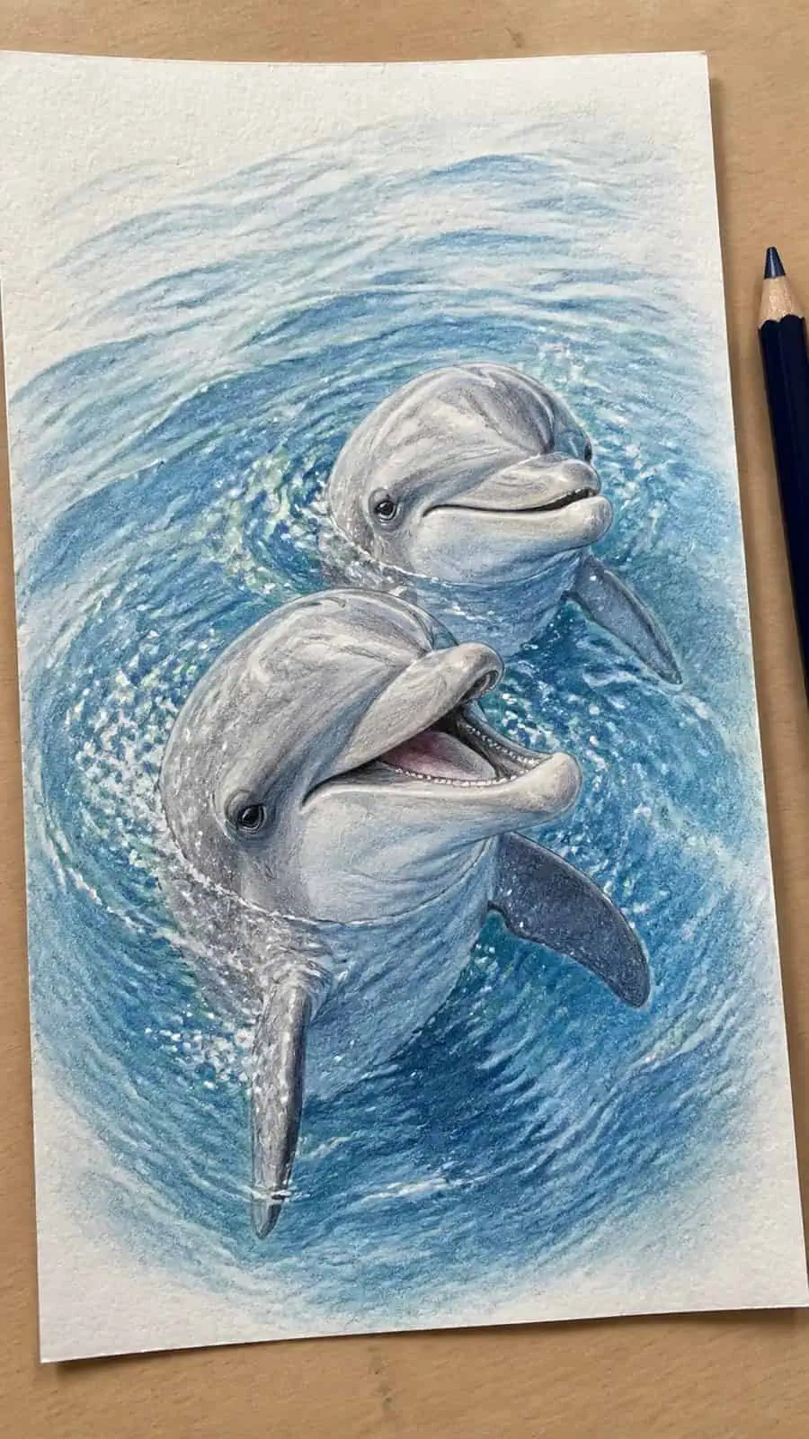 Hand-drawn playful dolphin duo in colored-pencil and gouache drawing on textured paper, shown in a slightly off-center overhead — study 2