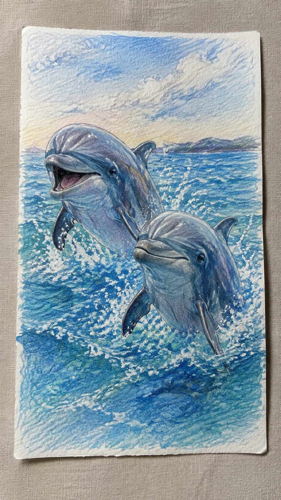Hand-drawn playful dolphin duo in colored-pencil and gouache drawing on textured paper, shown in a straight overhead view — study 3