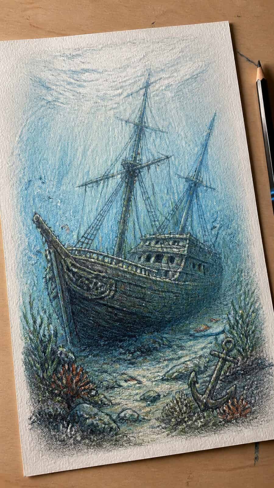 Hand-drawn mysterious sunken ship in colored-pencil and gouache drawing on textured paper, shown in a gentle oblique desk view that — study 2
