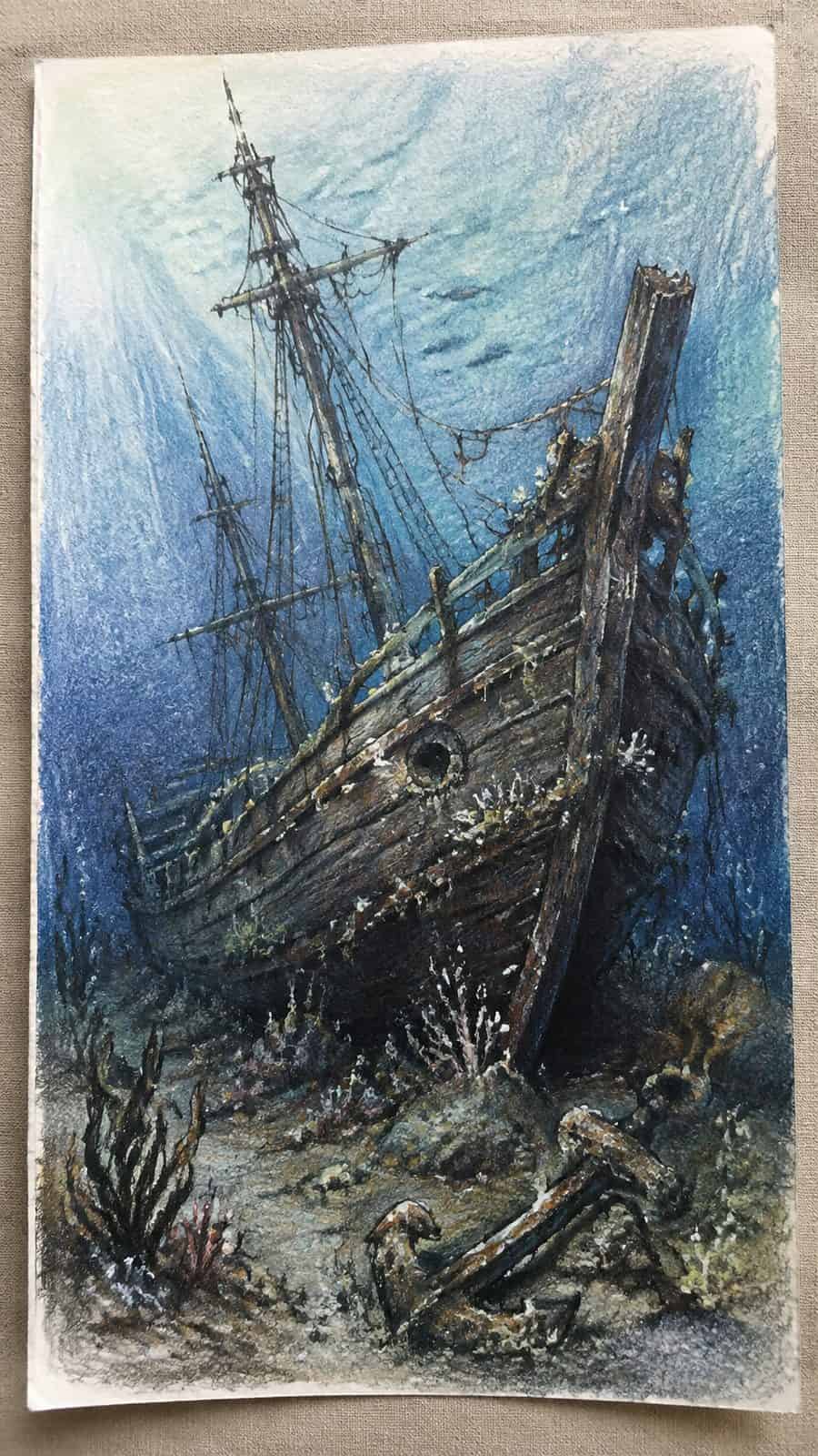 Hand-drawn mysterious sunken ship in colored-pencil and gouache drawing on textured paper, shown in a close overhead crop — study 3