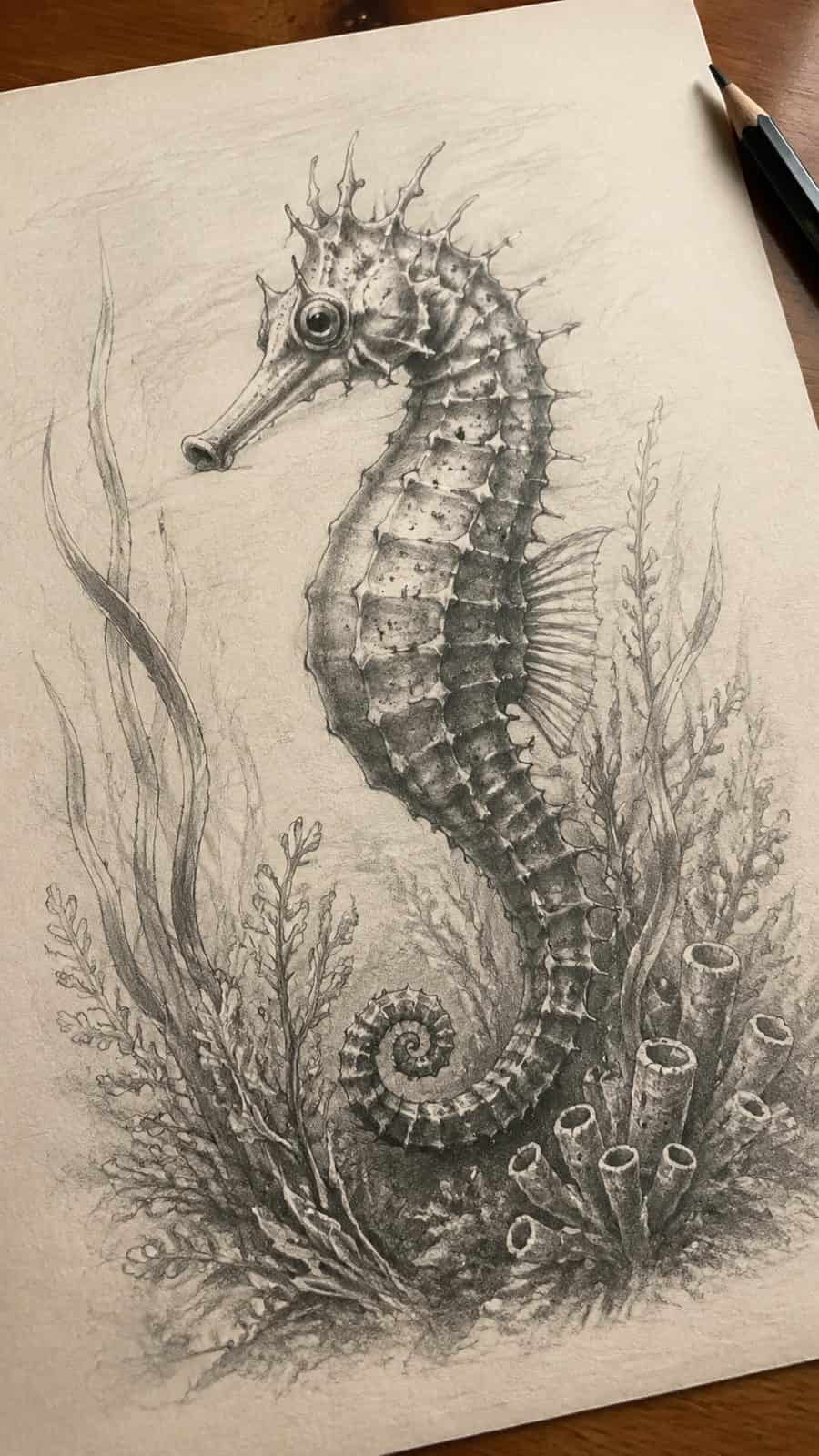 Hand-drawn seahorse serenity in graphite drawing on textured paper, shown in a gentle oblique desk view that shows paper tooth and — study 1