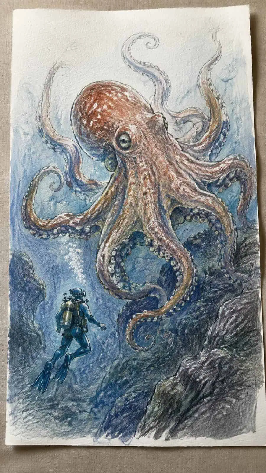 Hand-drawn giant octopus encounter in colored-pencil and gouache drawing on textured paper, shown in a slightly off-center overhead — study 1