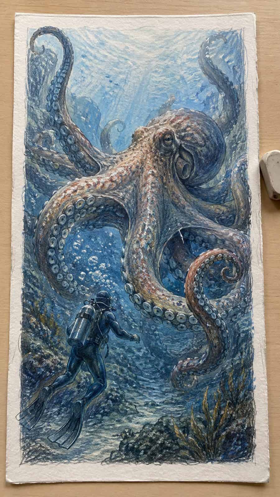 Hand-drawn giant octopus encounter in colored-pencil and gouache drawing on textured paper, shown in a straight overhead view — study 2