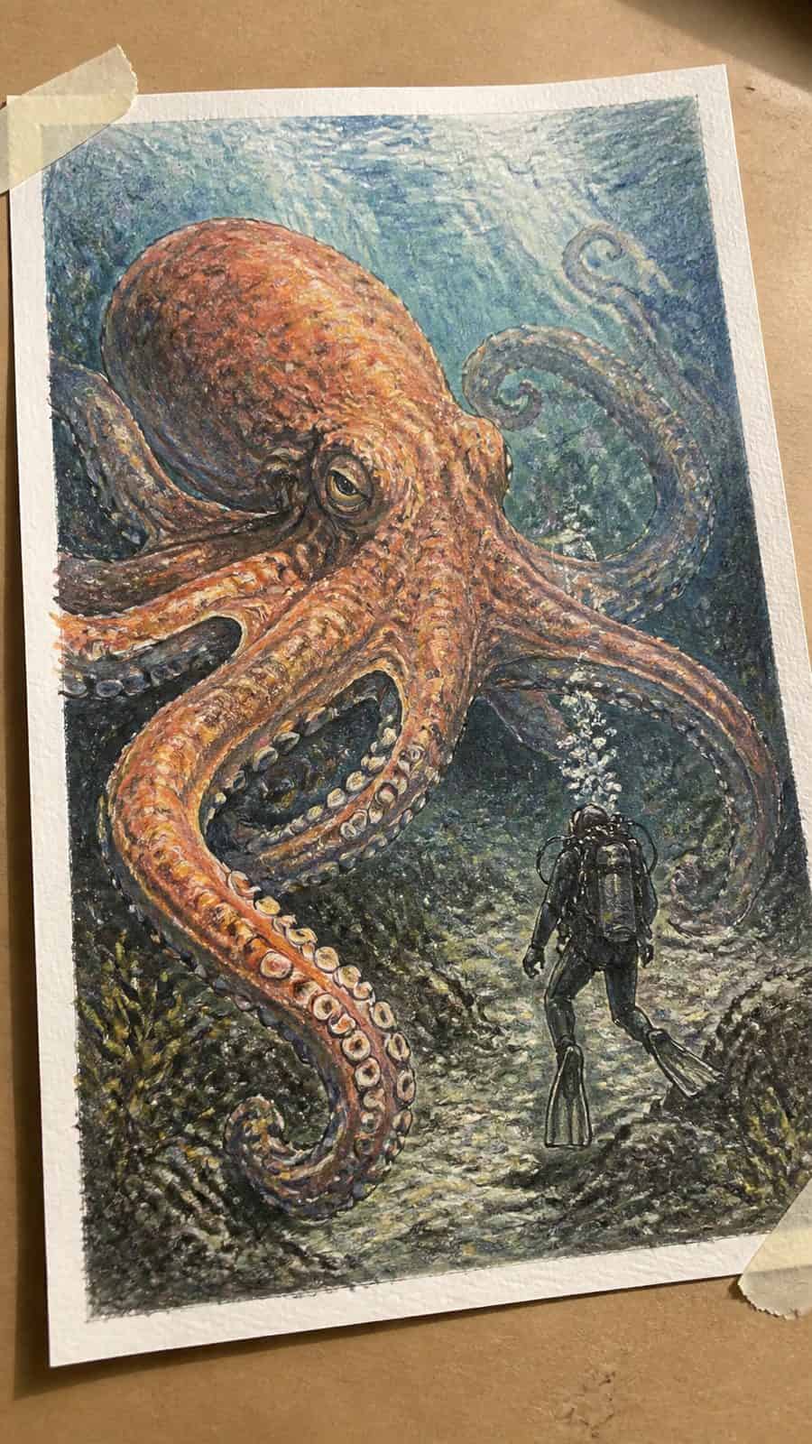 Hand-drawn giant octopus encounter in colored-pencil and gouache drawing on textured paper, shown in a gentle oblique desk view that — study 3