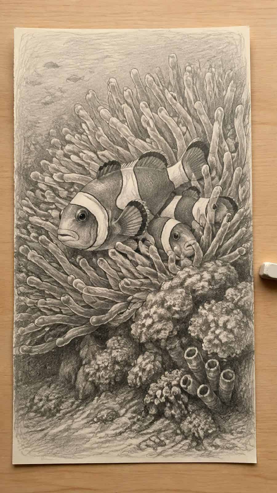 Hand-drawn the vibrant clownfish home in graphite drawing on textured paper, shown in a close overhead crop — study 1