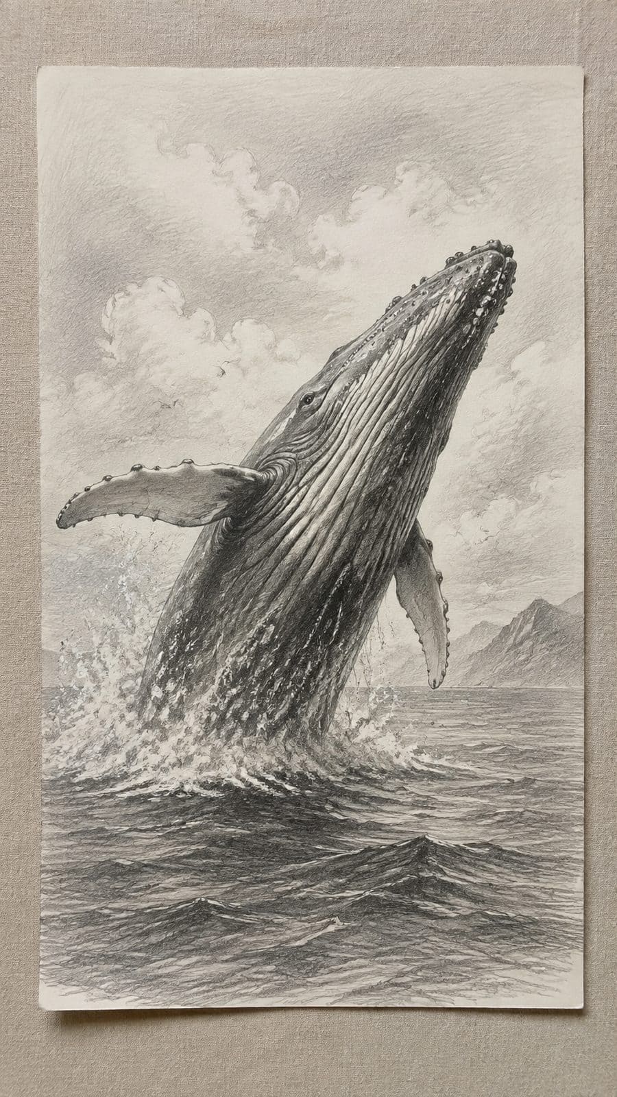 Hand-drawn majestic whale scene in graphite drawing on textured paper, shown in a straight overhead view — study 1