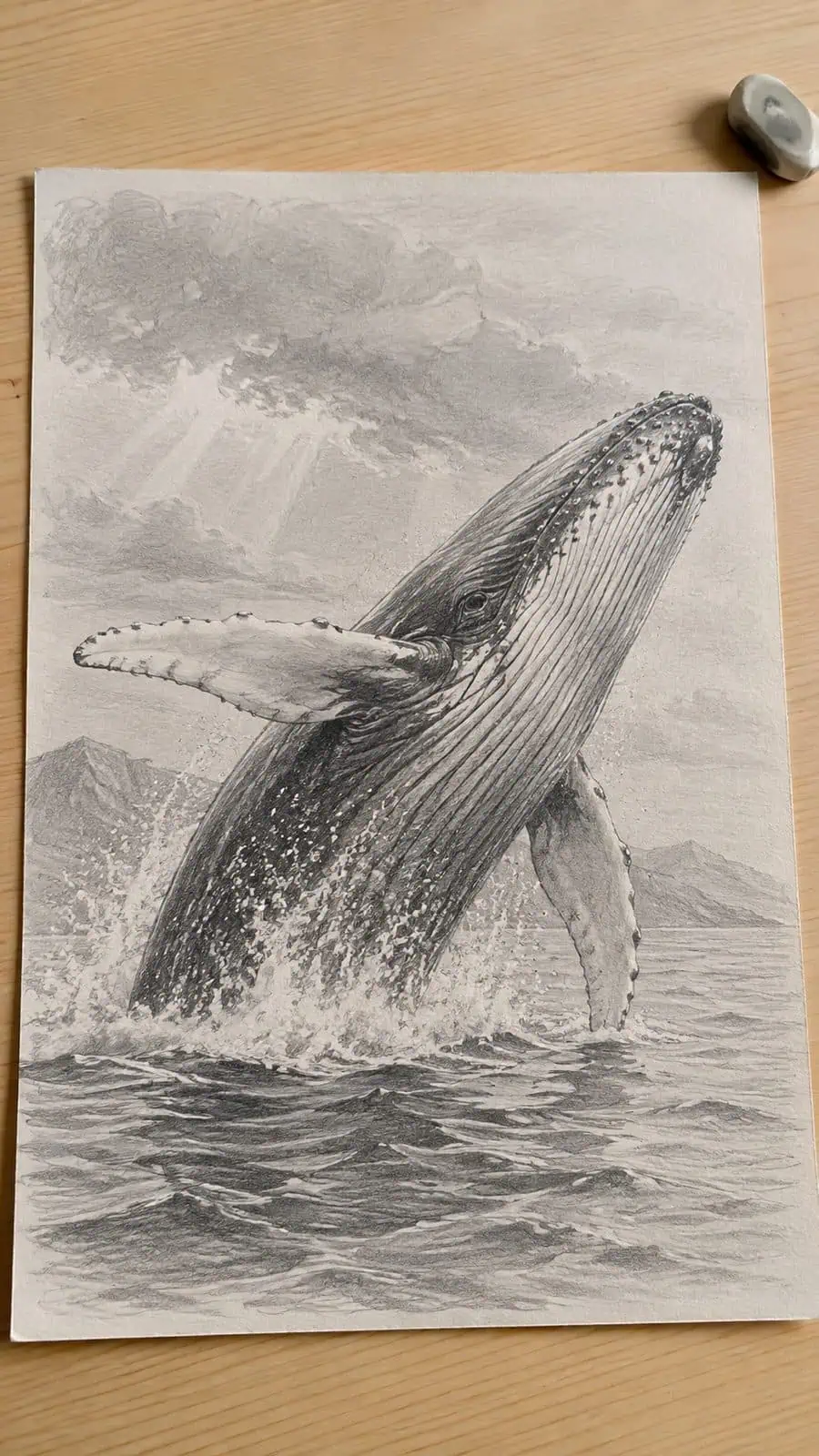 Hand-drawn majestic whale scene in graphite drawing on textured paper, shown in a gentle oblique desk view that shows paper tooth and — study 2