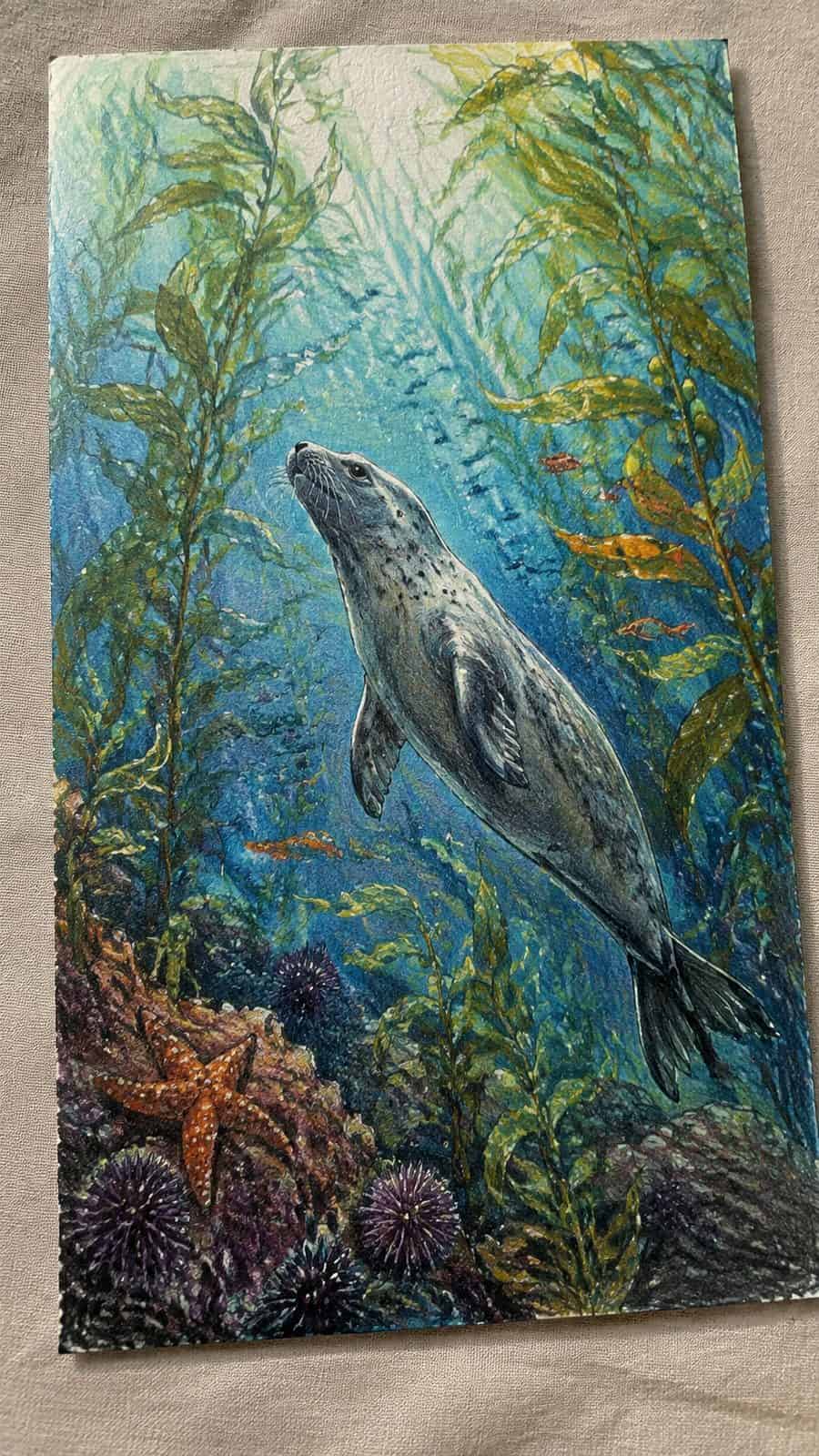 Hand-drawn kelp forest journey in colored-pencil and gouache drawing on textured paper, shown in a gentle oblique desk view that shows — study 1