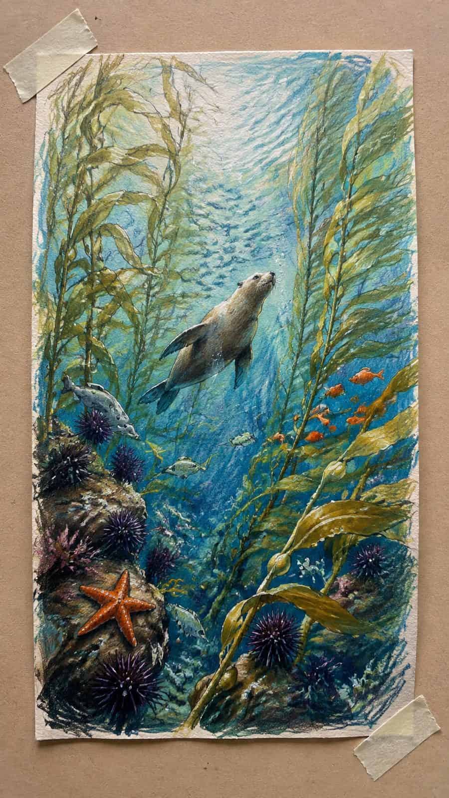Hand-drawn kelp forest journey in colored-pencil and gouache drawing on textured paper, shown in a slightly off-center overhead — study 3