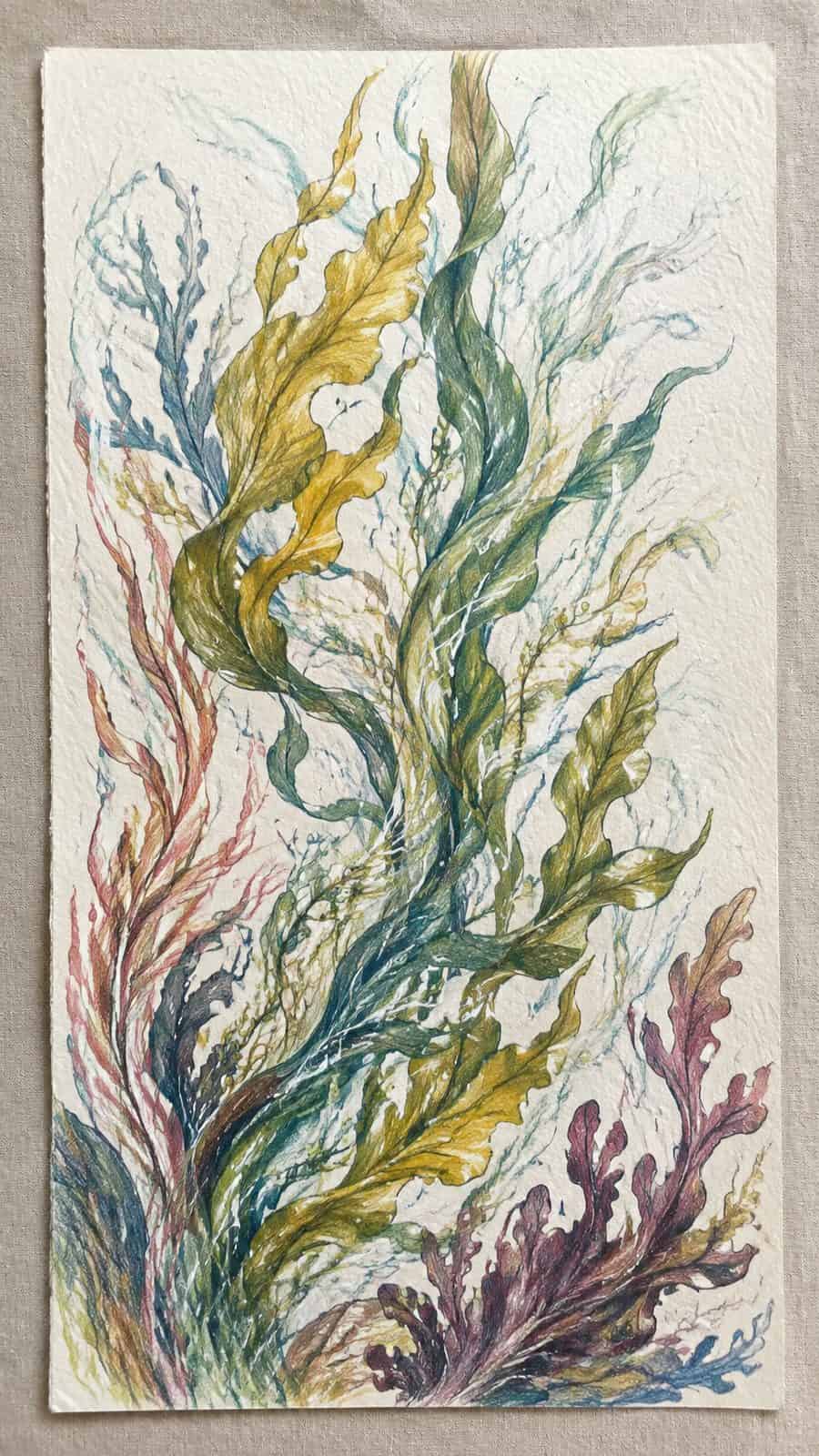 Hand-drawn intricate seaweed dance in colored-pencil and gouache drawing on textured paper, shown in a close overhead crop — study 2